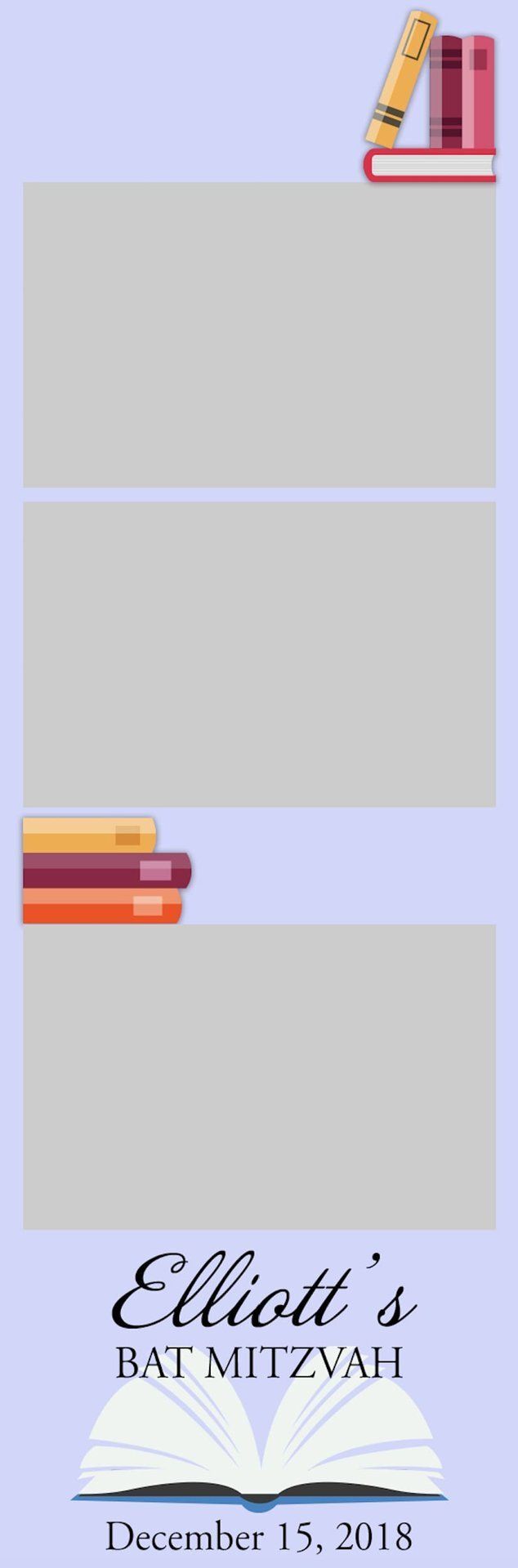 Pastel lavender memorial card with stacked books, blank gray panels, and dates at the bottom.