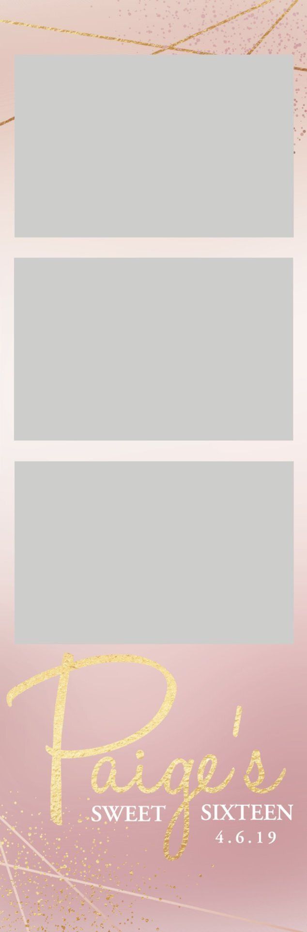 Pastel pink flyer with three blank photo boxes and gold script reading “Praise Sweet Sixteen” near the bottom