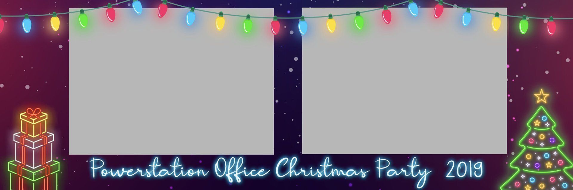 Christmas party banner with colorful lights, two gray photo placeholders, and “Presentation Office Christmas Party 2018” text