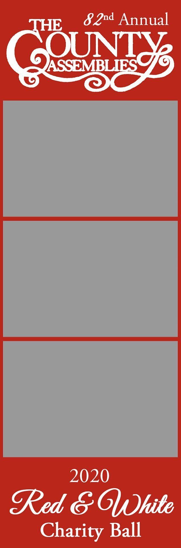 2020 red-and-white County Charities ball invitation with three gray photo panels and gold text