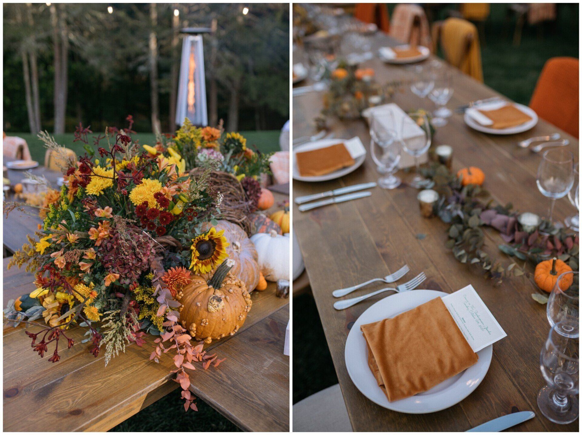 Autumn wedding table setting with a colorful floral centerpiece, pumpkins, and place settings on a wooden table