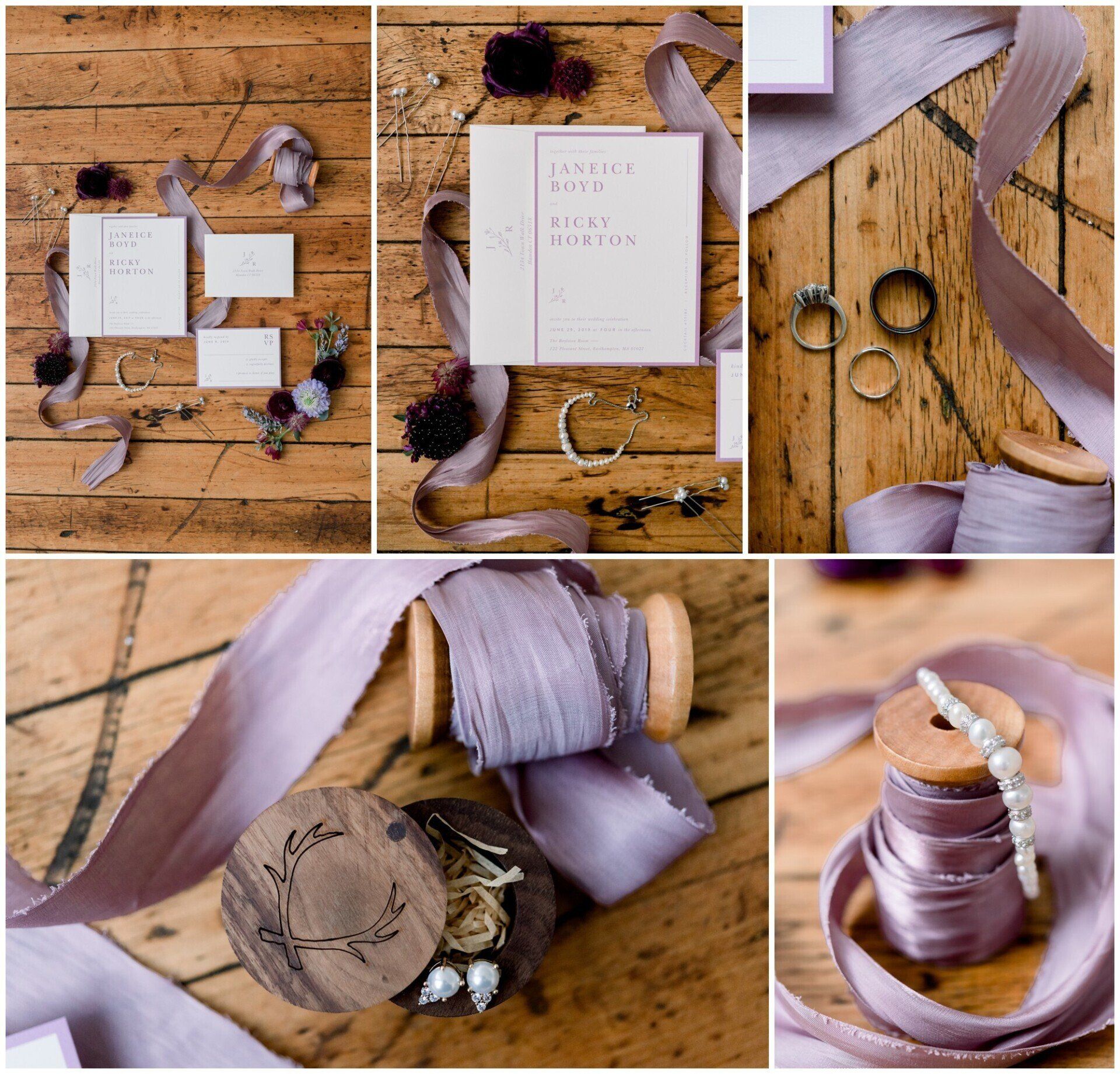 Flat-lay of lavender ribbon, lace, and pearl accessories on a rustic wooden table, styled in a collage layout