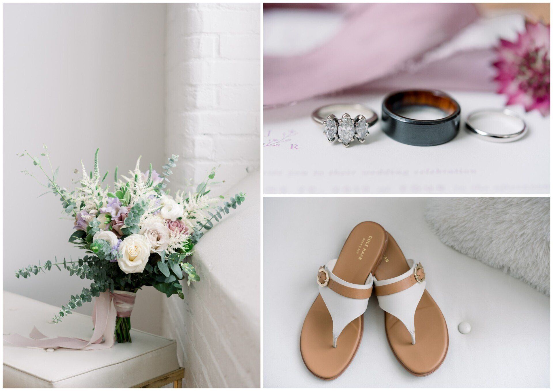 Bridal flat lay with bouquet, rings, candle, and white sandals on soft pastel fabric