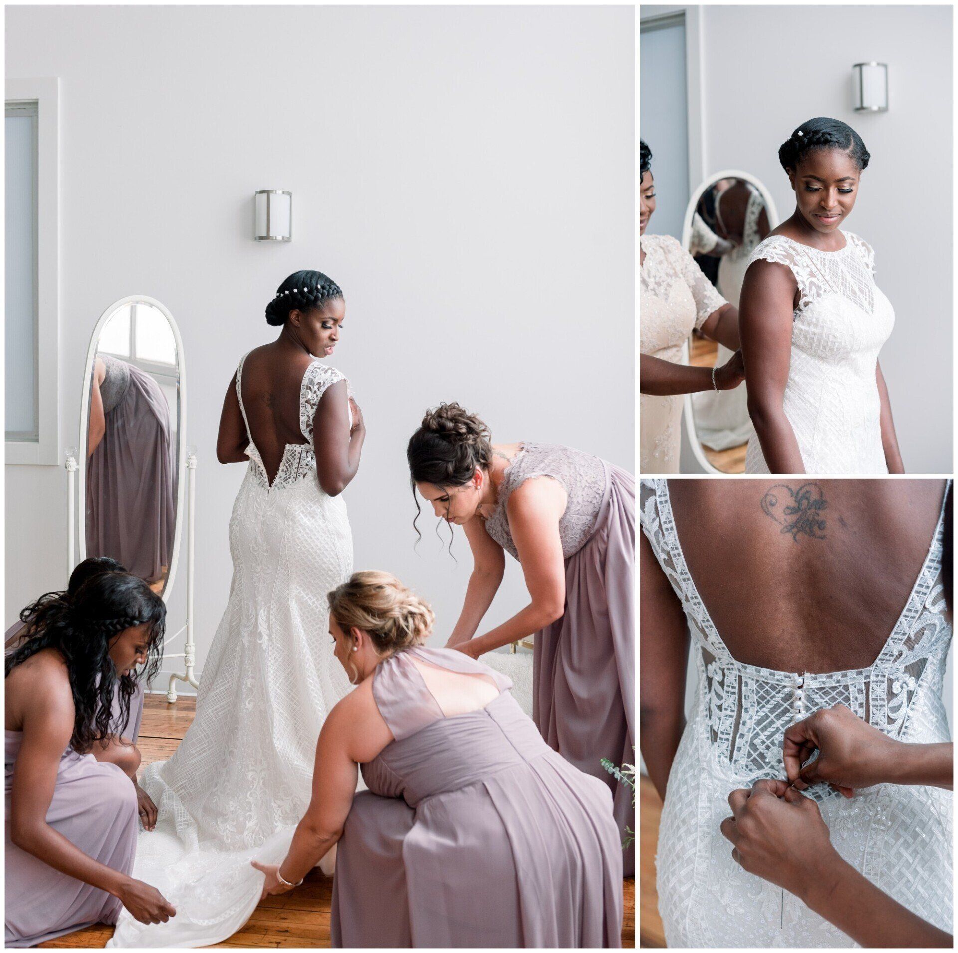 Bridesmaids helping a bride fasten her white lace wedding dress in a softly lit room