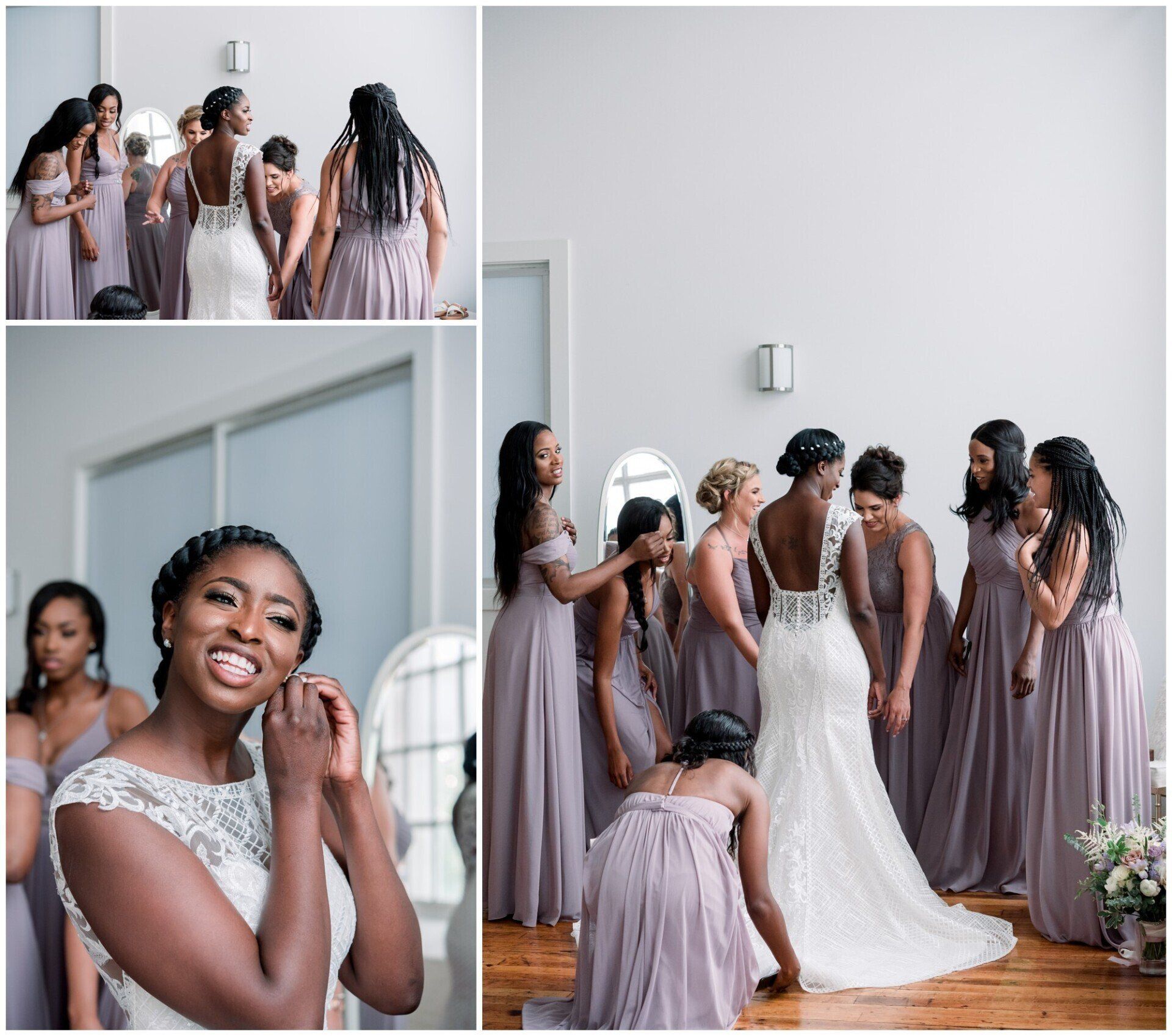 Bridesmaids in mauve dresses gather around a bride in a white gown during a wedding prep moment