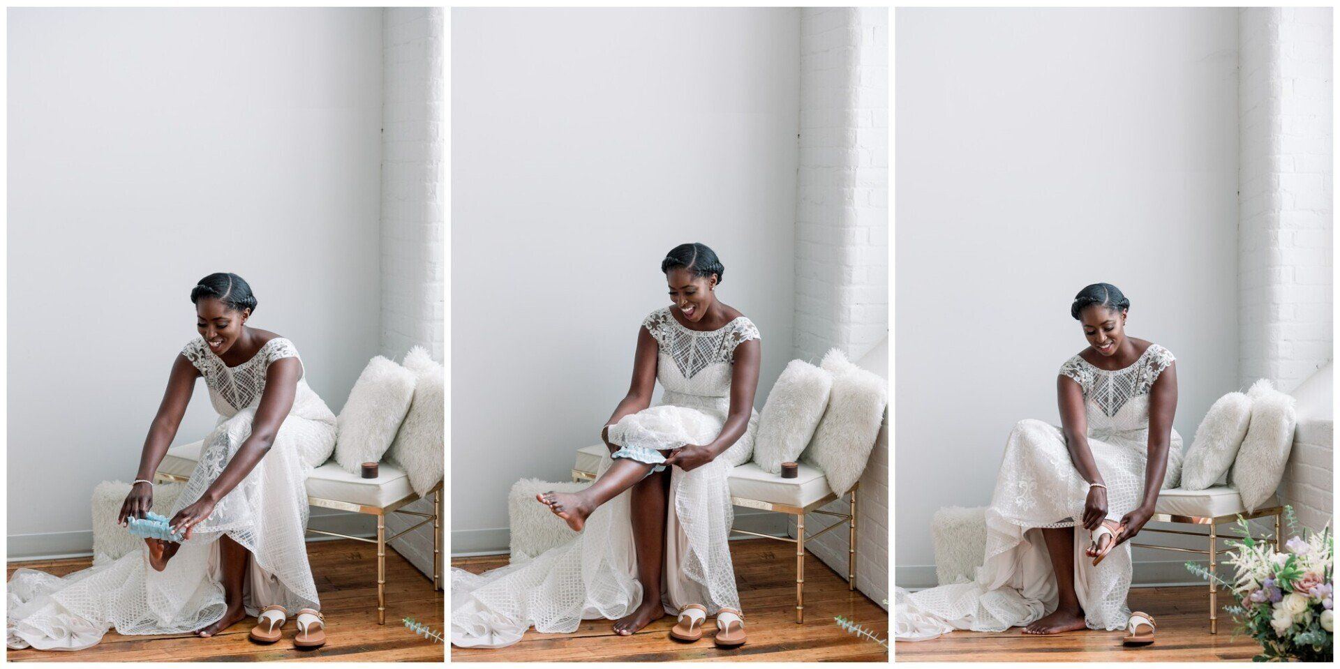 Man in white traditional attire seated on a stool in a bright minimalist room, shown in three poses.