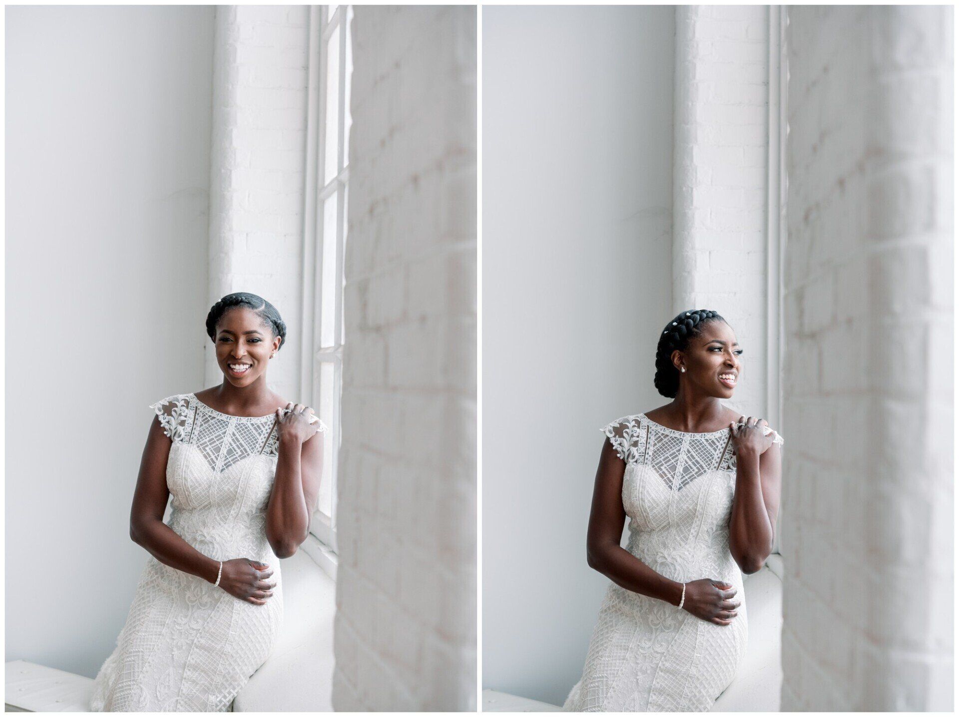 Bride in a white lace dress standing by a bright window, shown in two poses.