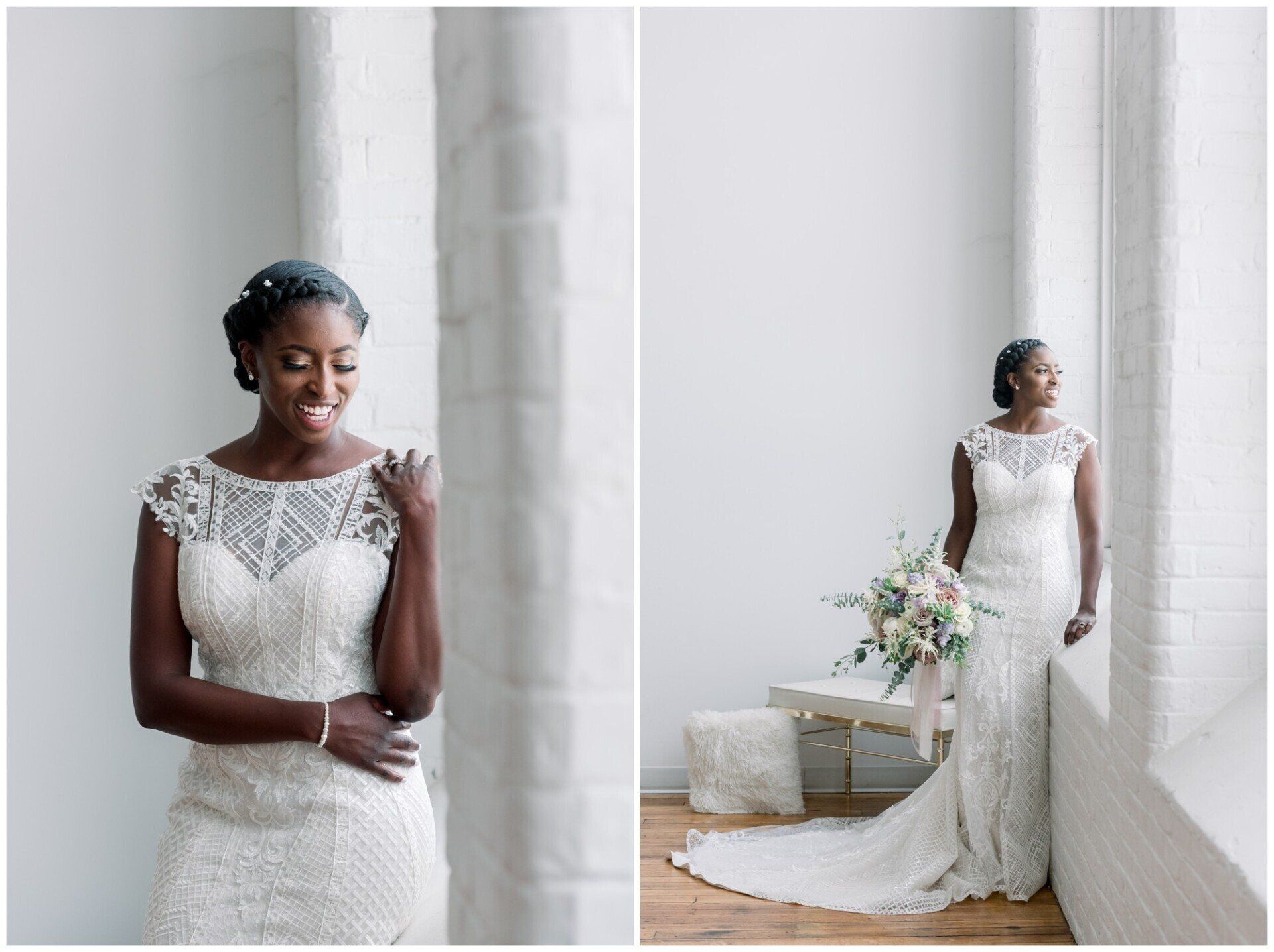 Bride in a white lace gown posing by tall windows, holding a bouquet in a bright white room