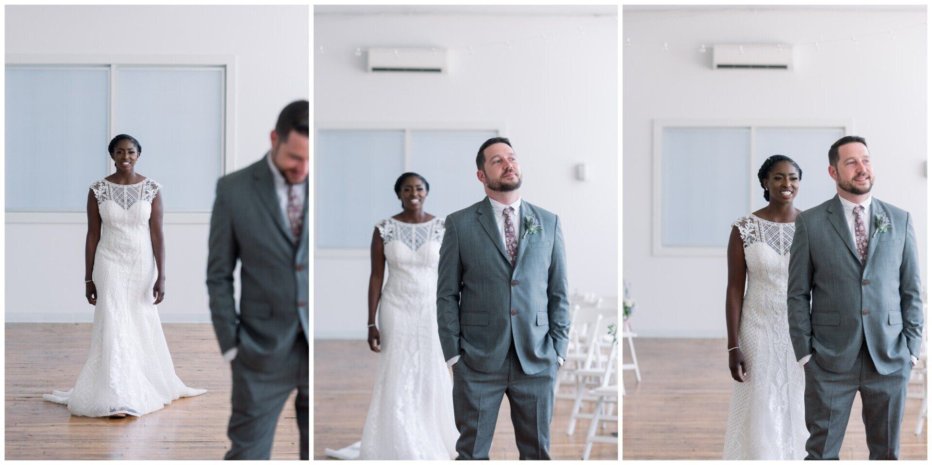 Bride in white gown and groom in gray suit posing in a bright minimalist room