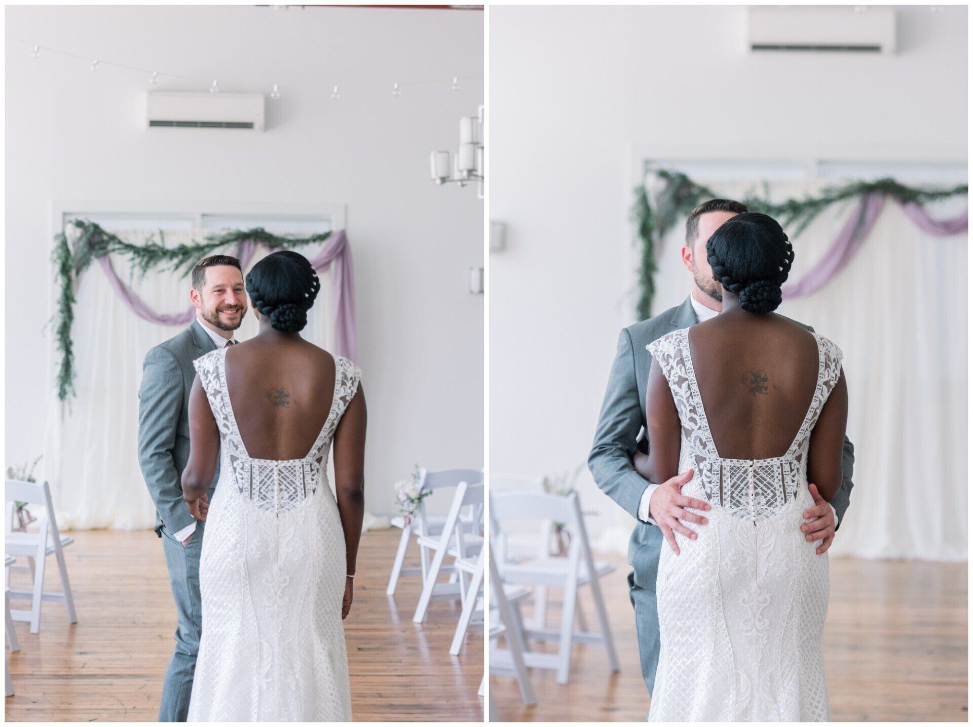 Bride and groom embrace during a wedding in a bright, decorated hall