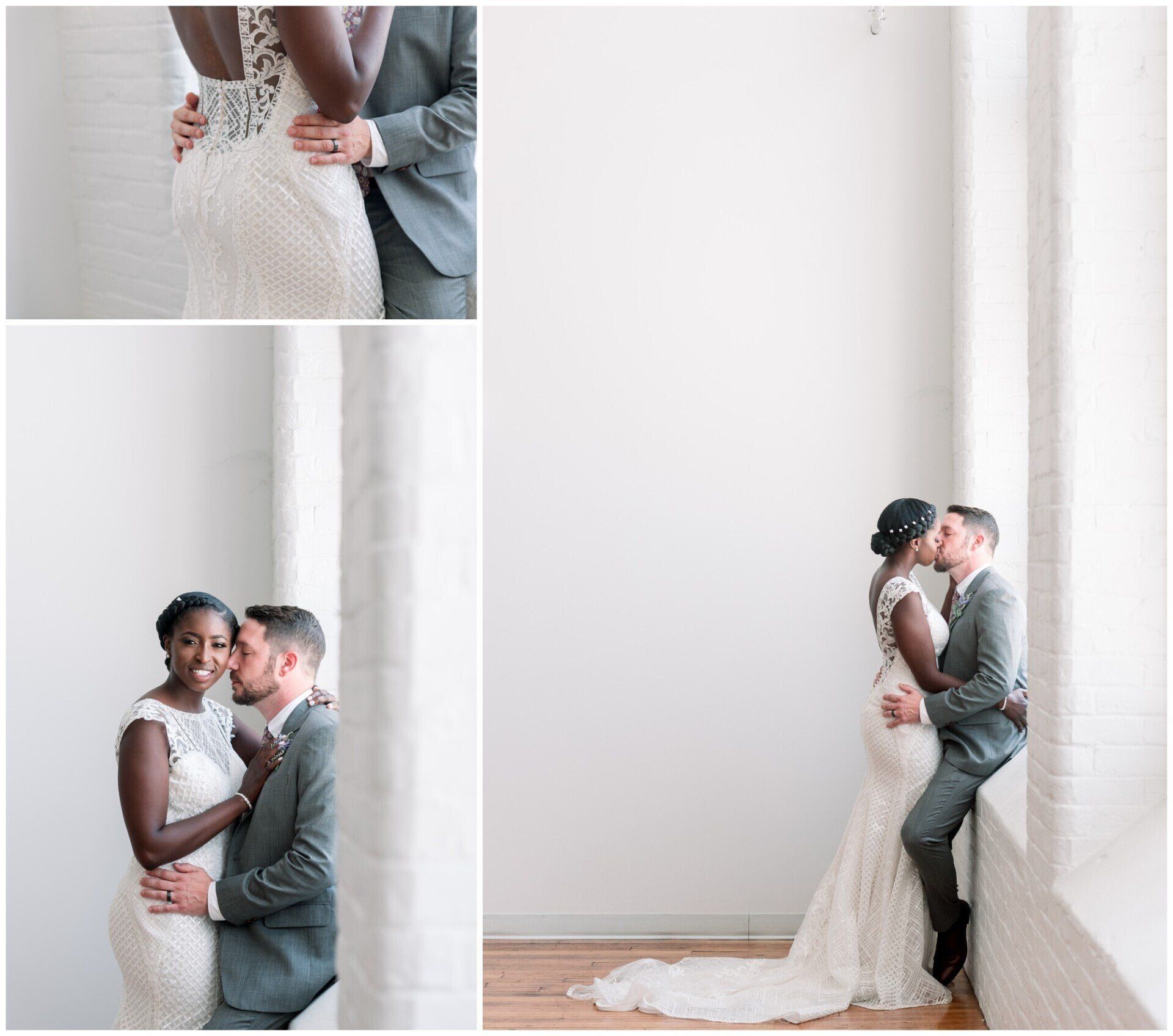 Wedding couple embracing in a bright room, shown in three framed portraits against a white wall.
