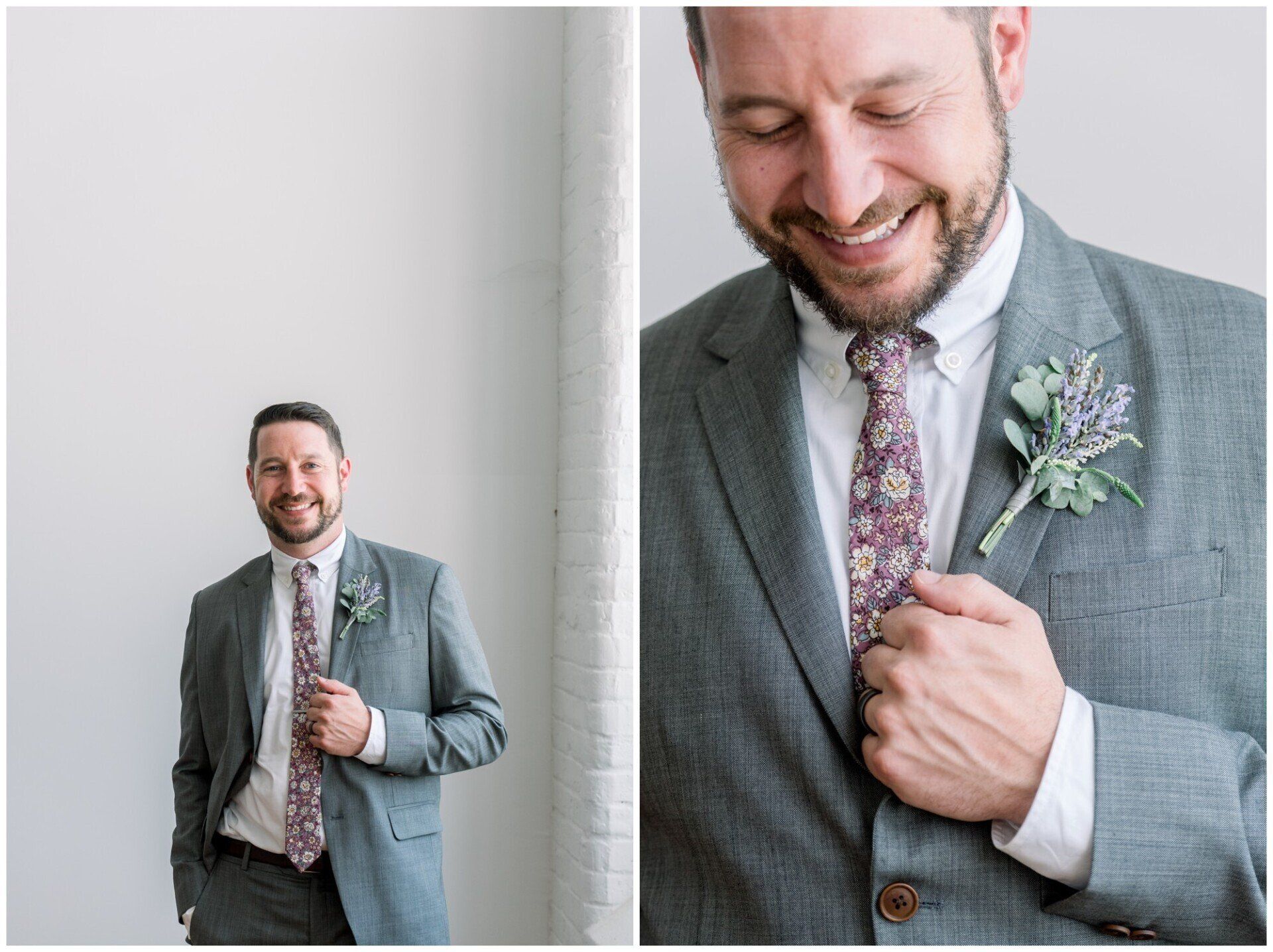 Man in a gray suit smiling against a white wall, shown full-length and in a close-up holding his jacket lapel.