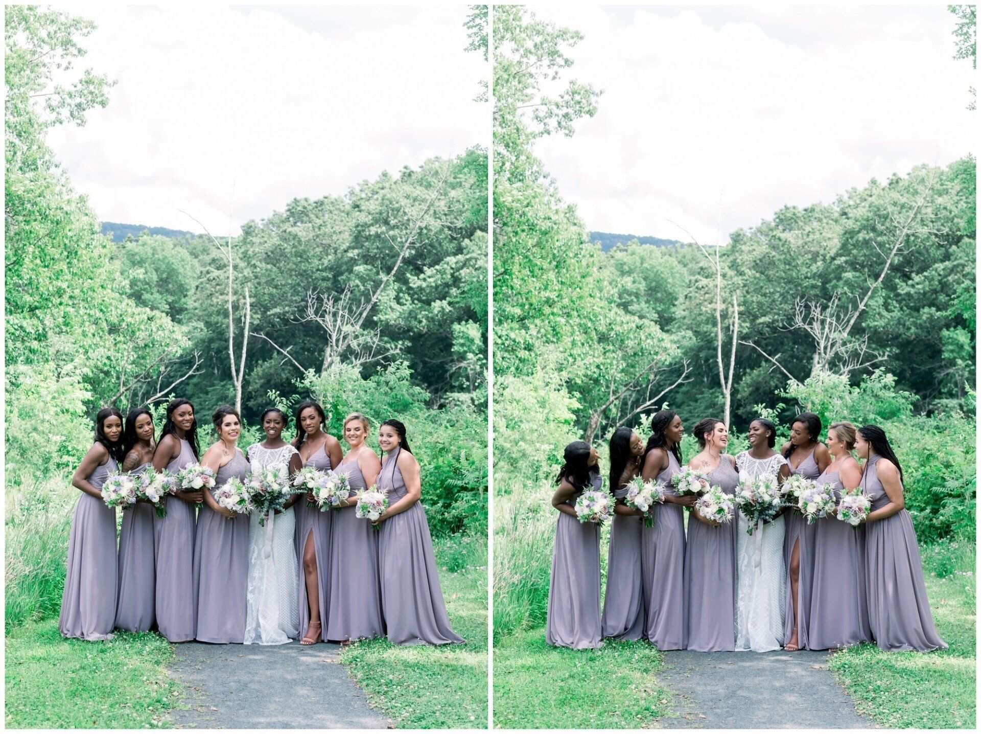 Bridesmaids in lavender dresses posing with bouquets in a lush garden, shown as a mirrored split image.