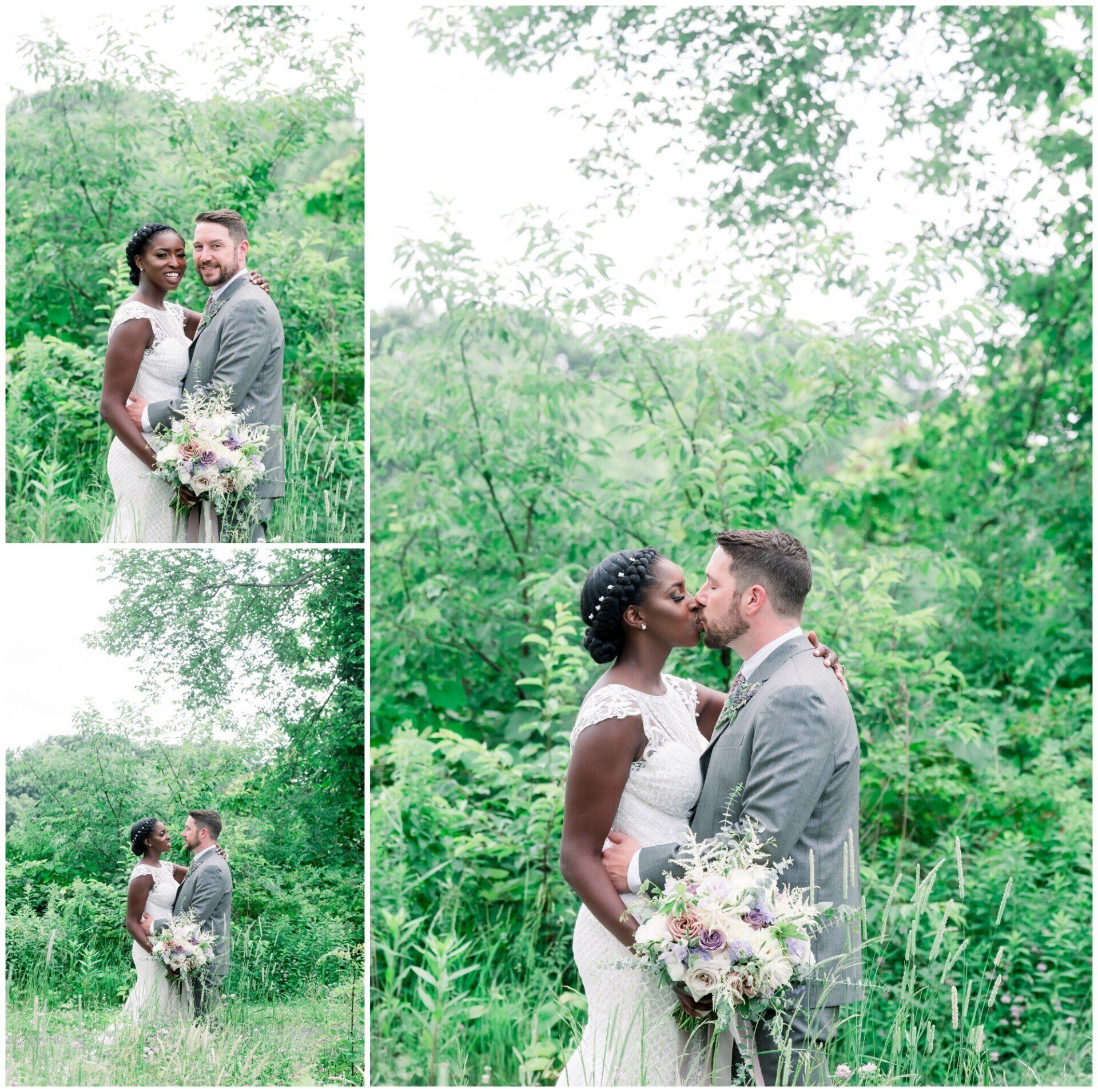 Wedding couple embracing in a lush green garden, with a collage of close-up and full-body portraits.