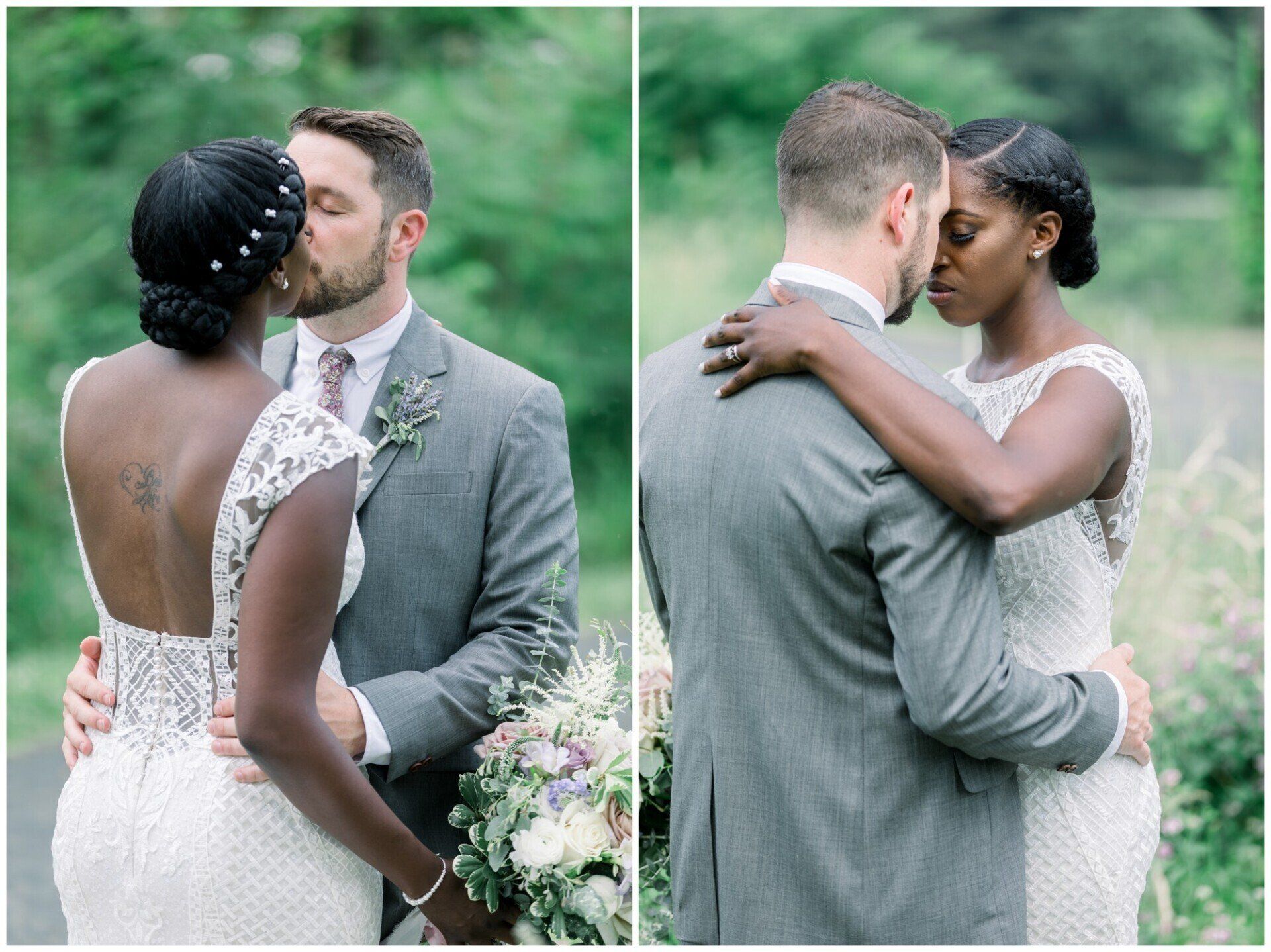 Newlyweds in a gentle embrace and kiss, with a lush green background and wedding attire