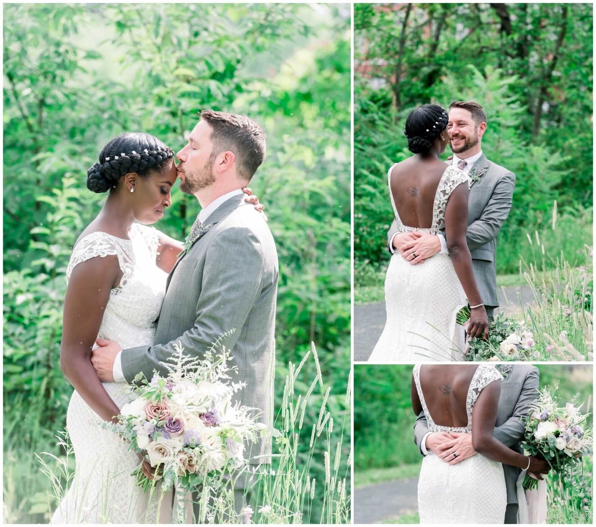 Wedding couple embracing in a lush green garden, with a collage of intimate portraits.