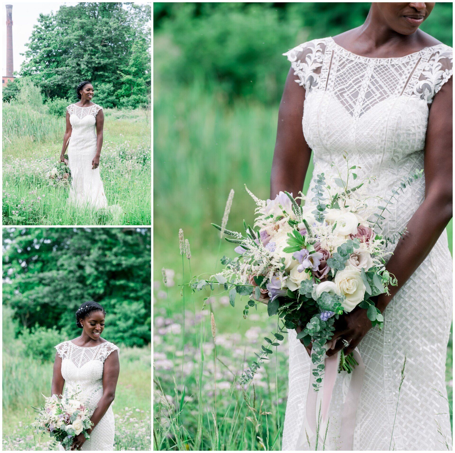 Bride in a white lace gown holding a pastel bouquet in a green meadow