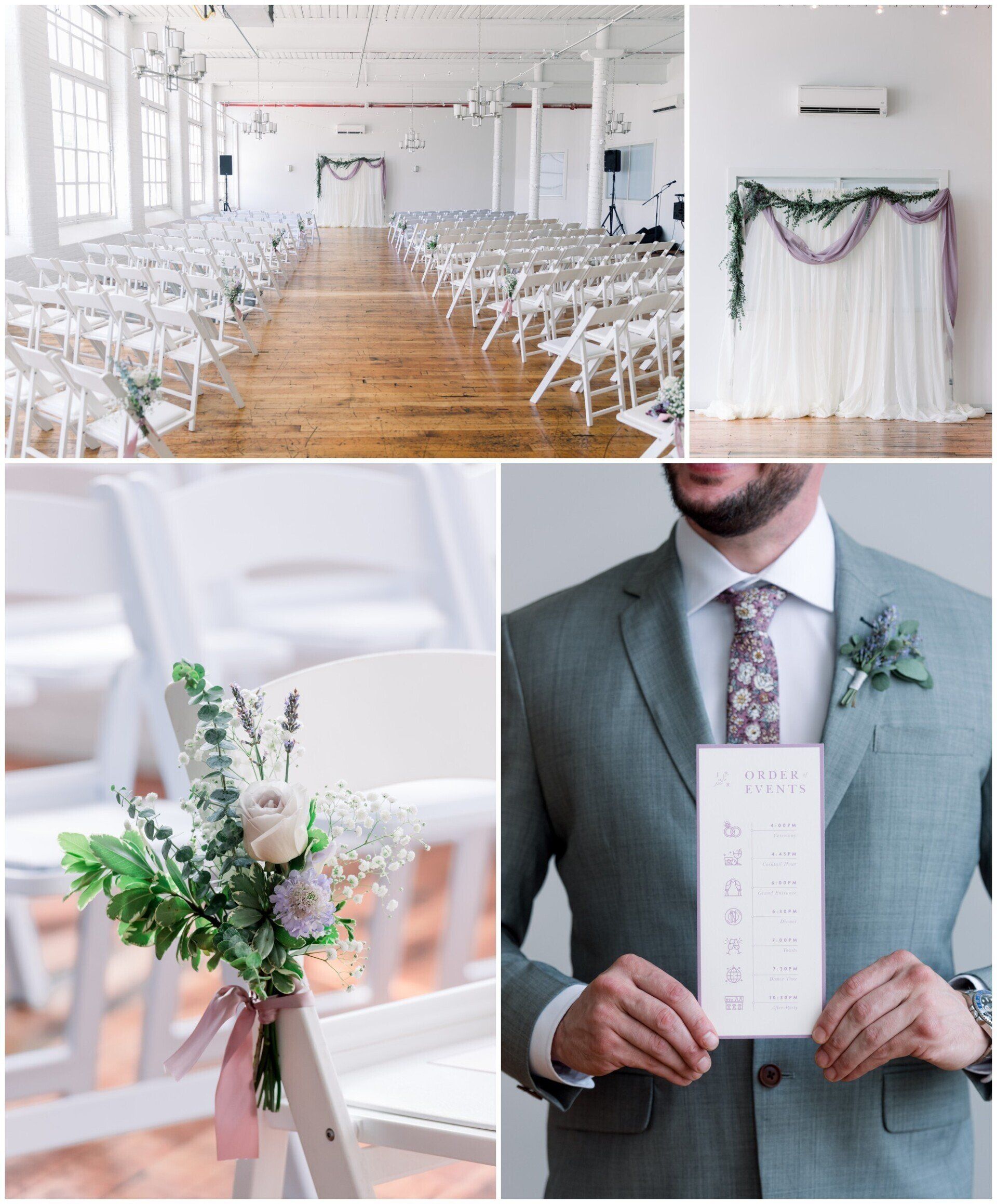 White wedding ceremony setup with aisle chairs, floral decor, suit detail, and floral place card holder