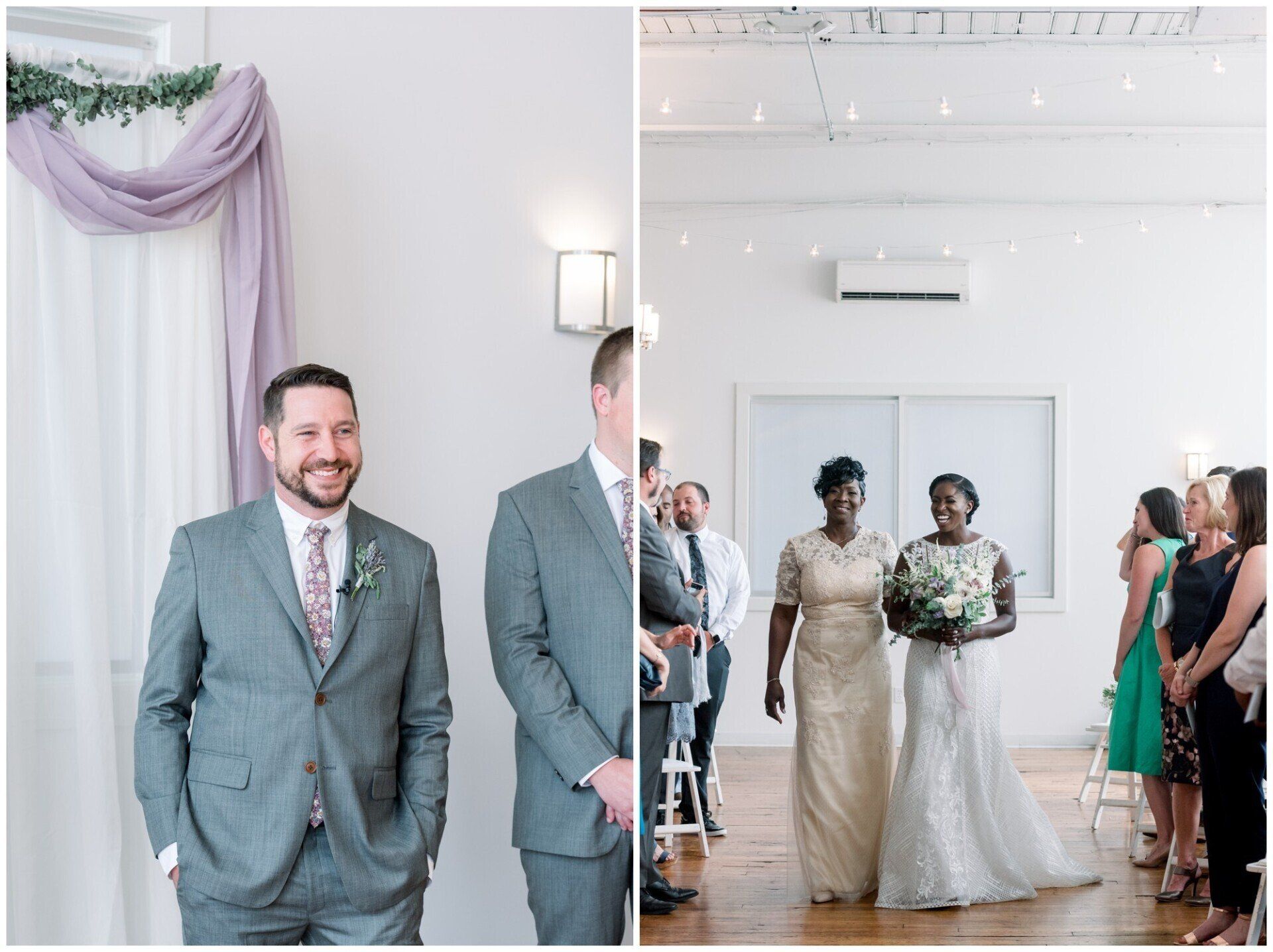 Groom in gray suit smiling beside wedding altar; bride and escort walk in with bouquet