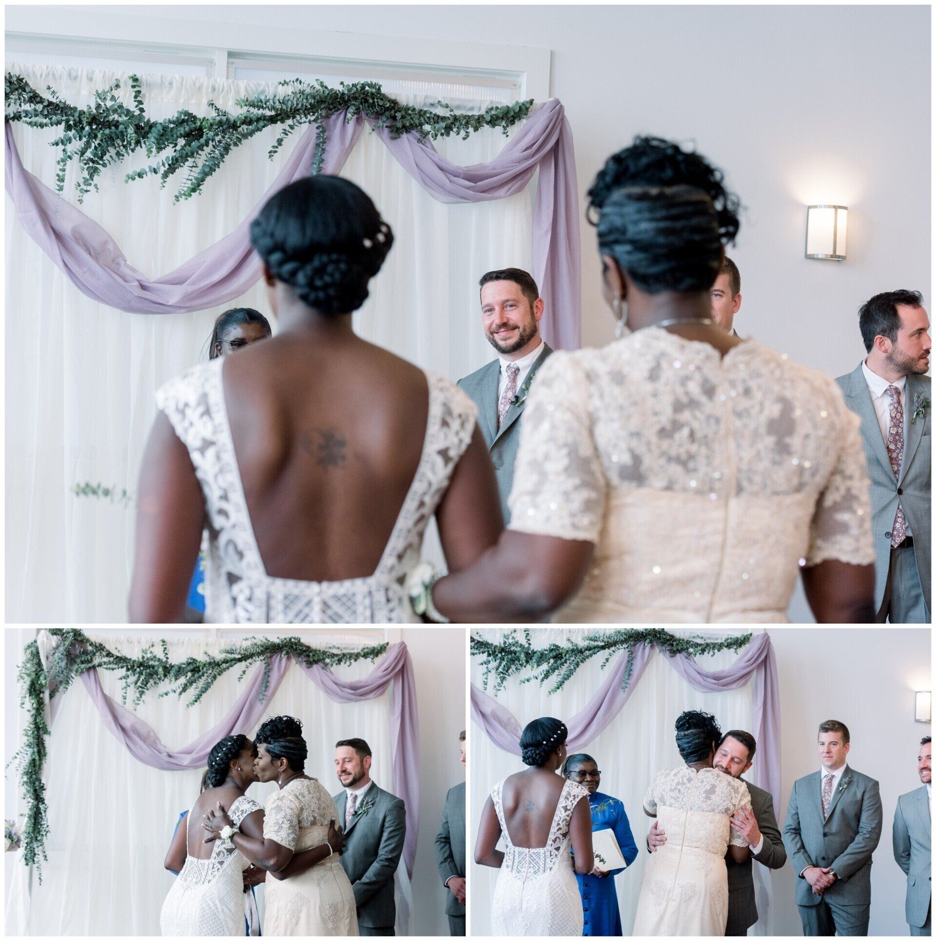 Wedding guests greeting at a decorated indoor ceremony, with floral garlands and soft purple drapes
