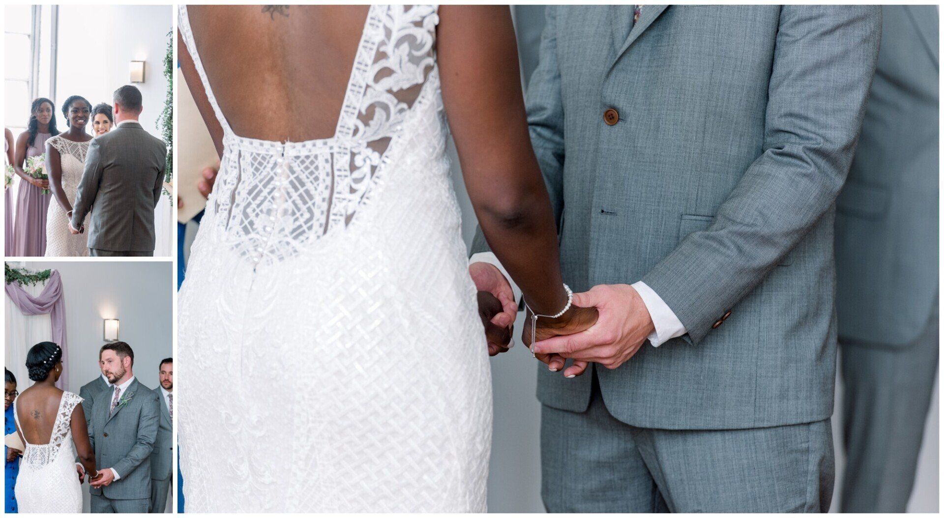 Bride and groom holding hands during outdoor wedding ceremony, with guests in the background