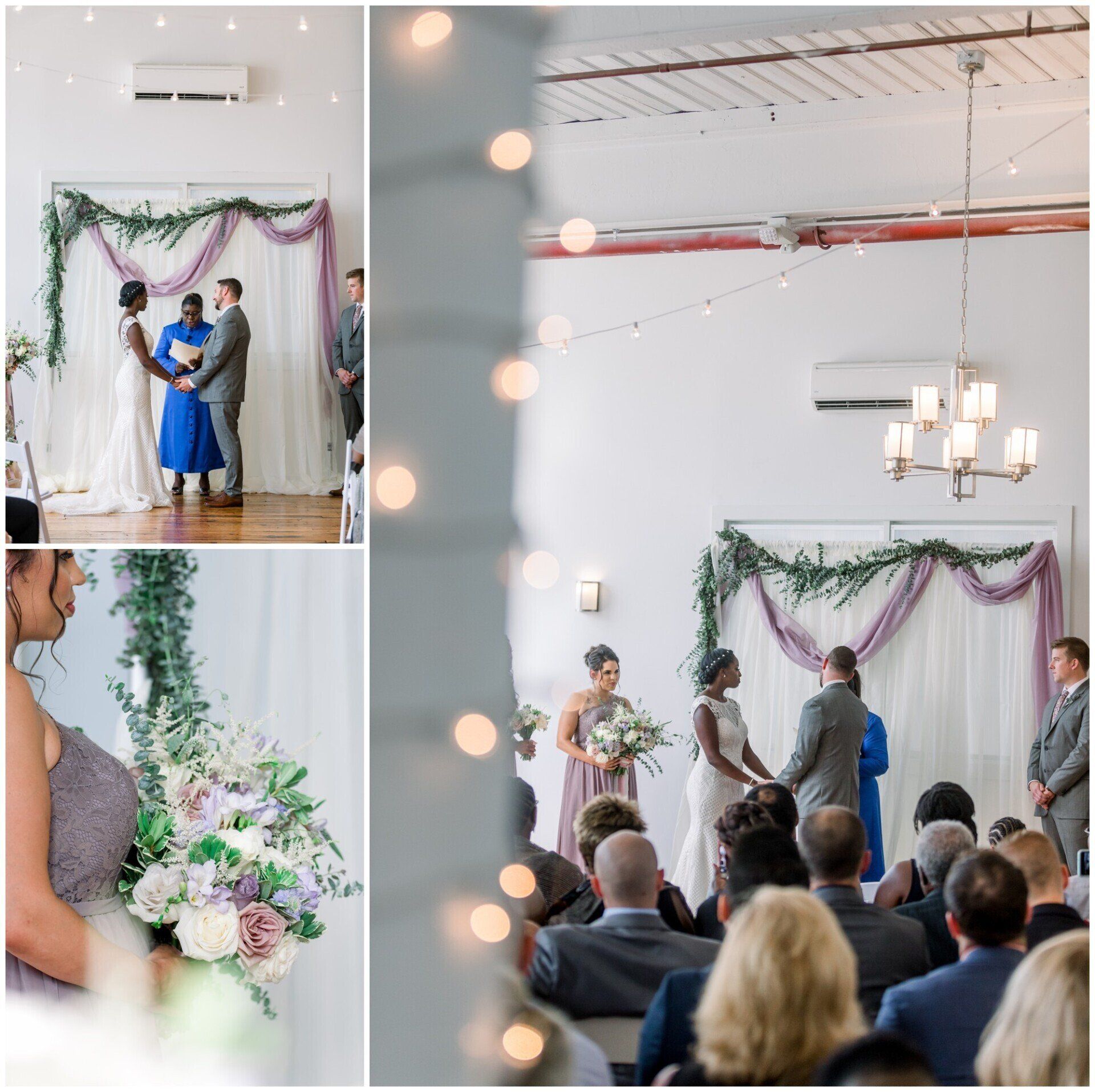 Wedding ceremony collage with couple on stage, floral arch, and officiant in a bright indoor venue