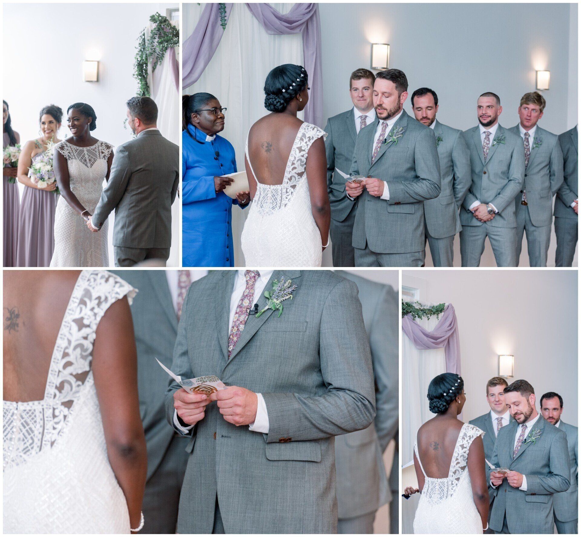 Bride and groom exchange rings during a wedding ceremony in a light gray decorated room