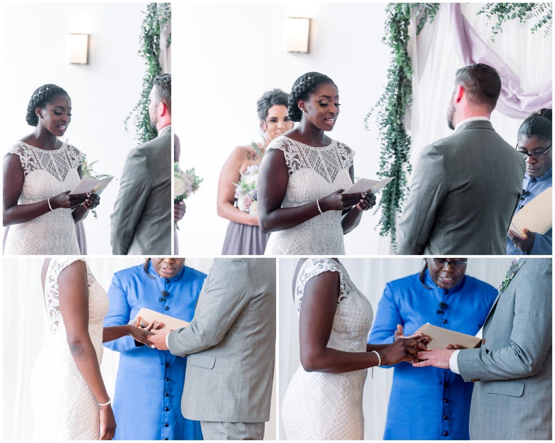 Wedding ceremony collage: couple exchanges rings and vows beside an officiant in a bright venue.