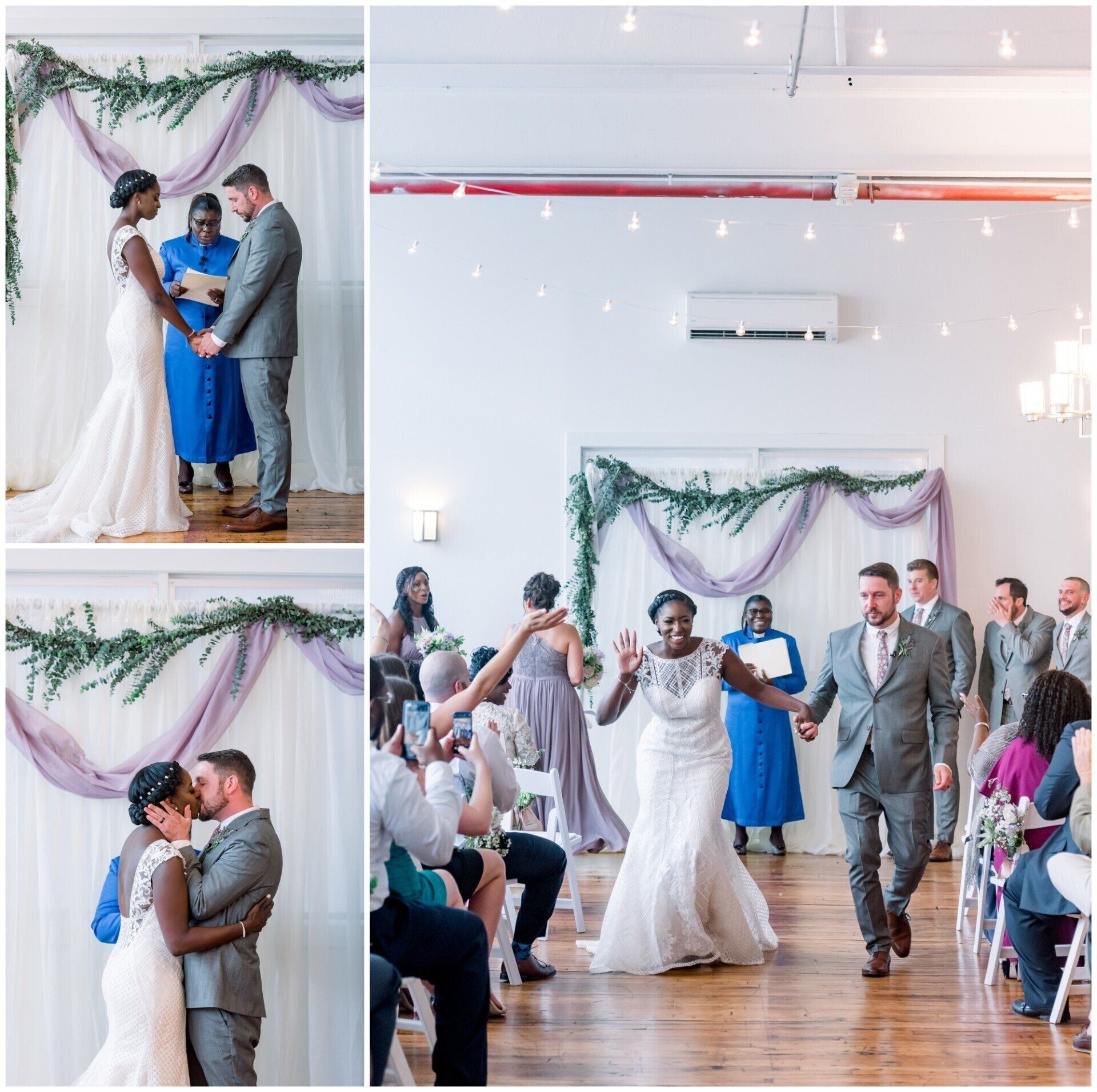 Wedding couple and guests celebrating a first dance in a bright venue with white drapery and greenery decorations