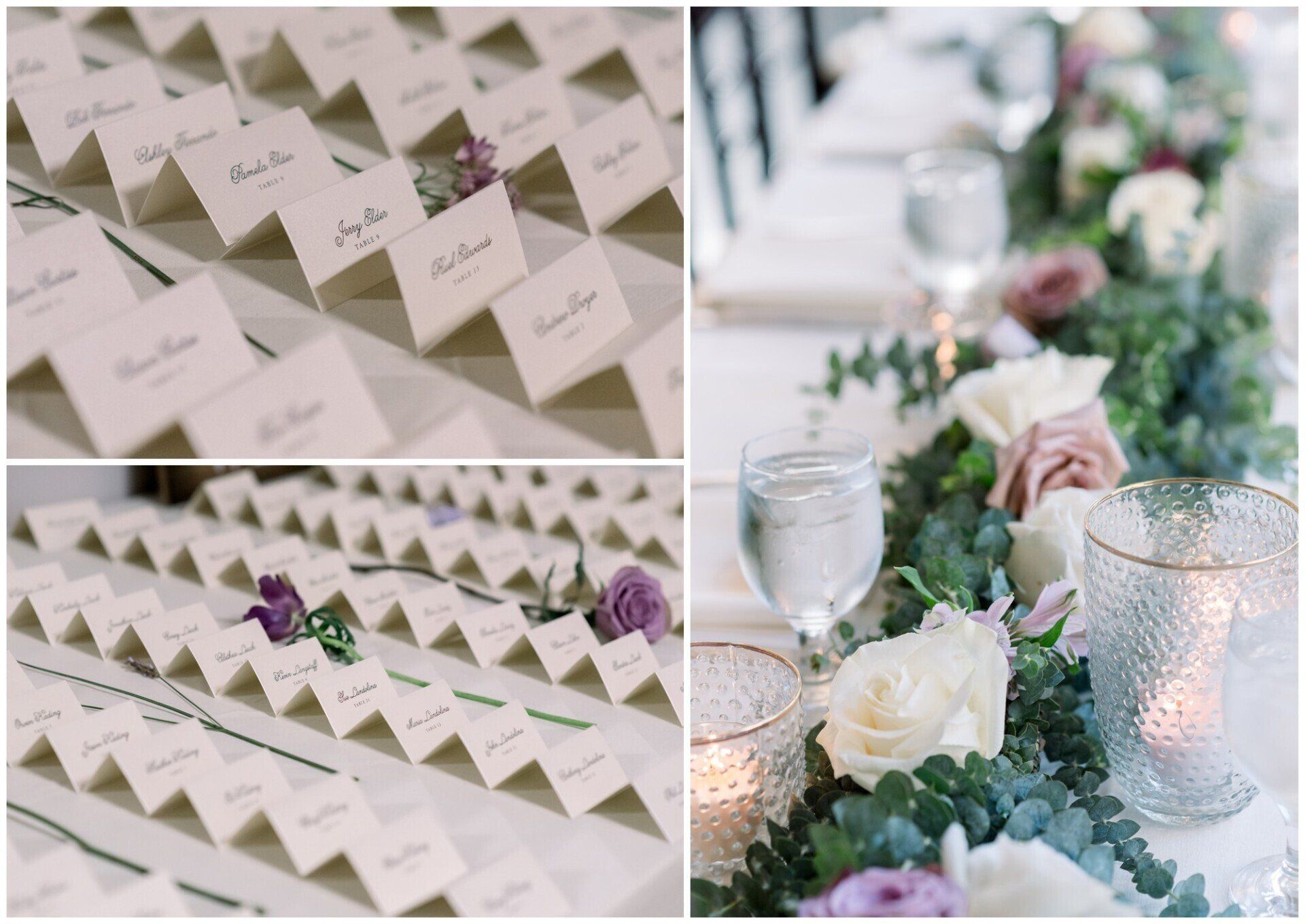 Wedding place cards and floral table decor with candles and white roses