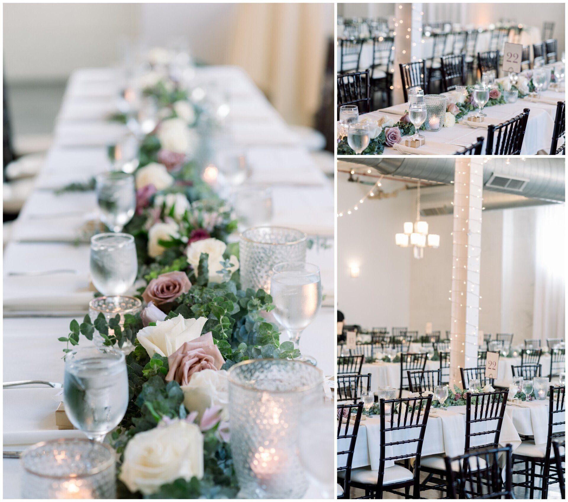 Elegant wedding reception tables with white linens, greenery, blush flowers, candles, and black chairs in a bright ballroom