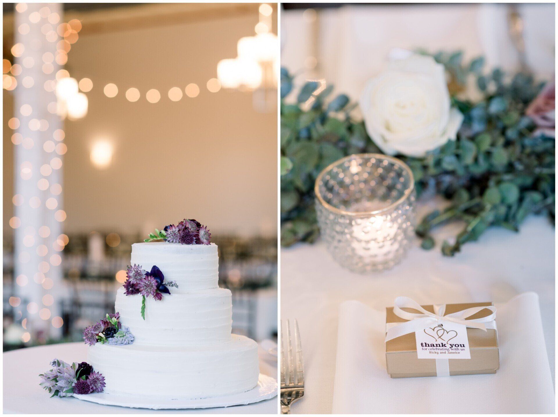 White tiered wedding cake with purple flowers and a wrapped favor beside a candle and white rose