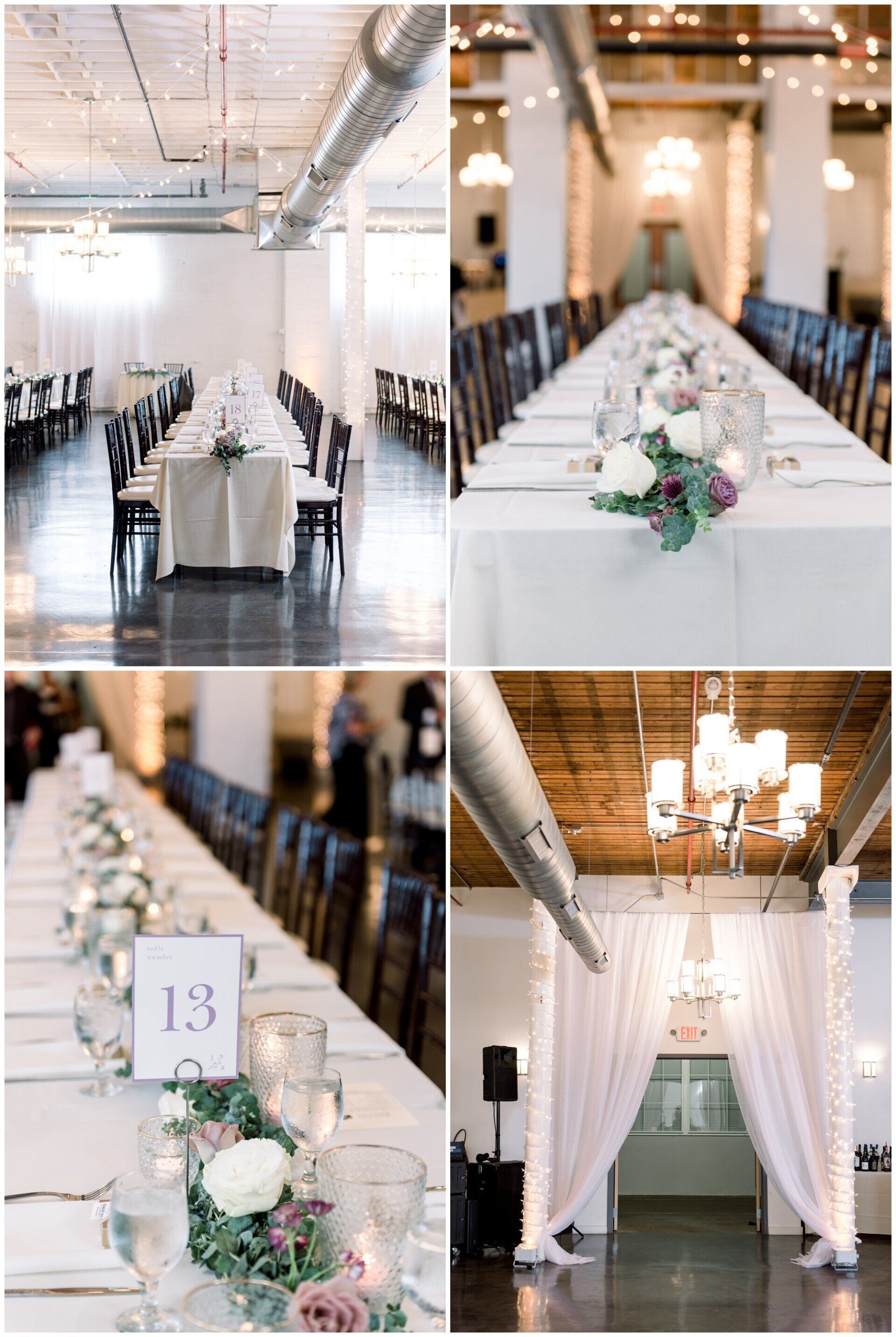 Elegant banquet hall with long white tables, floral centerpieces, and black chairs under chandeliers