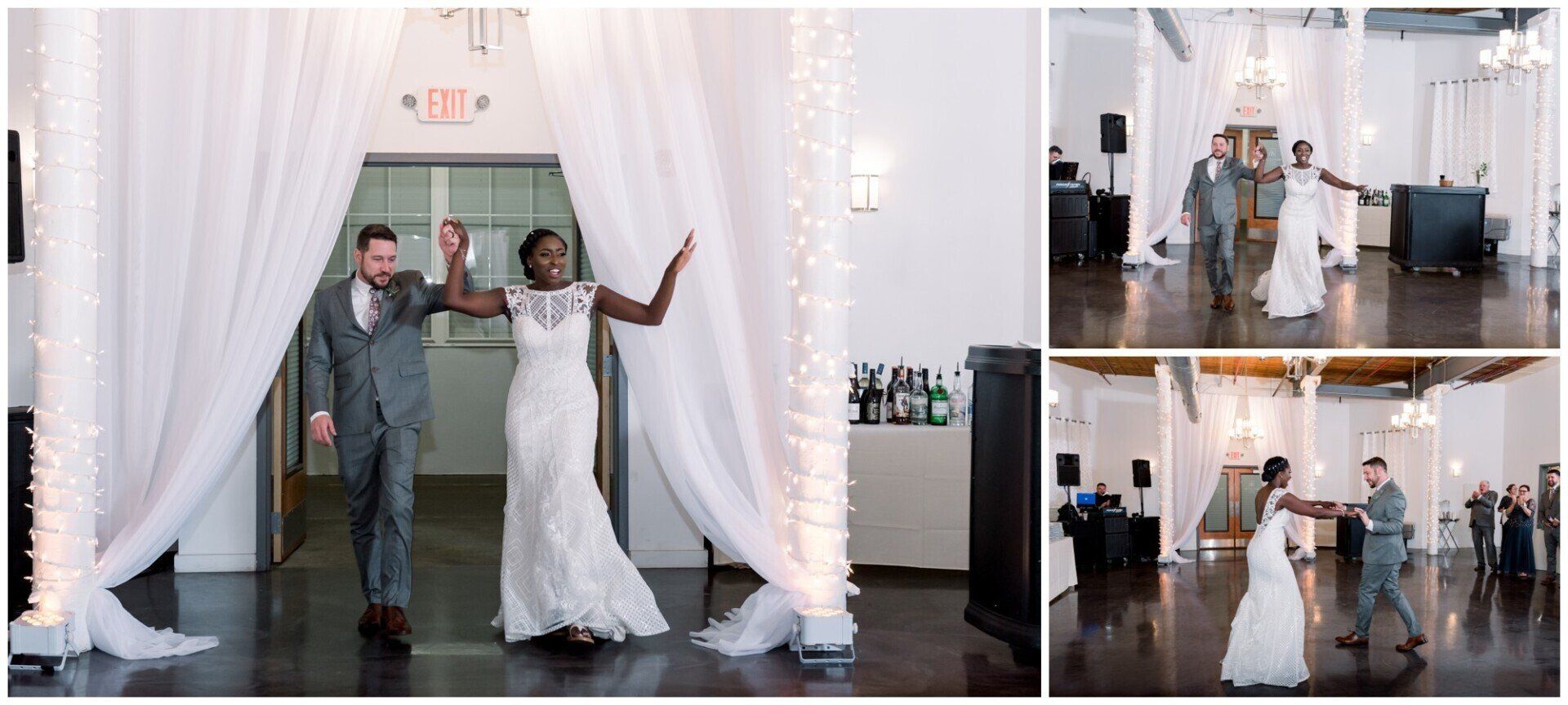 Bride and groom waving in a white wedding venue with sheer drapes and floral decor