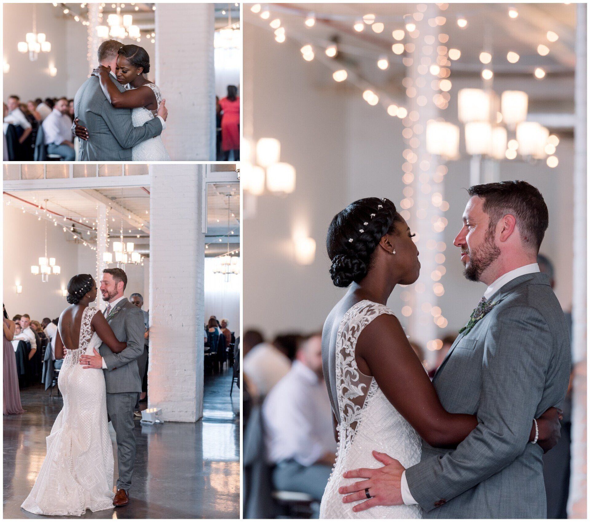 Wedding couple dancing under warm lights in a bright reception hall, shown in a collage of three photos
