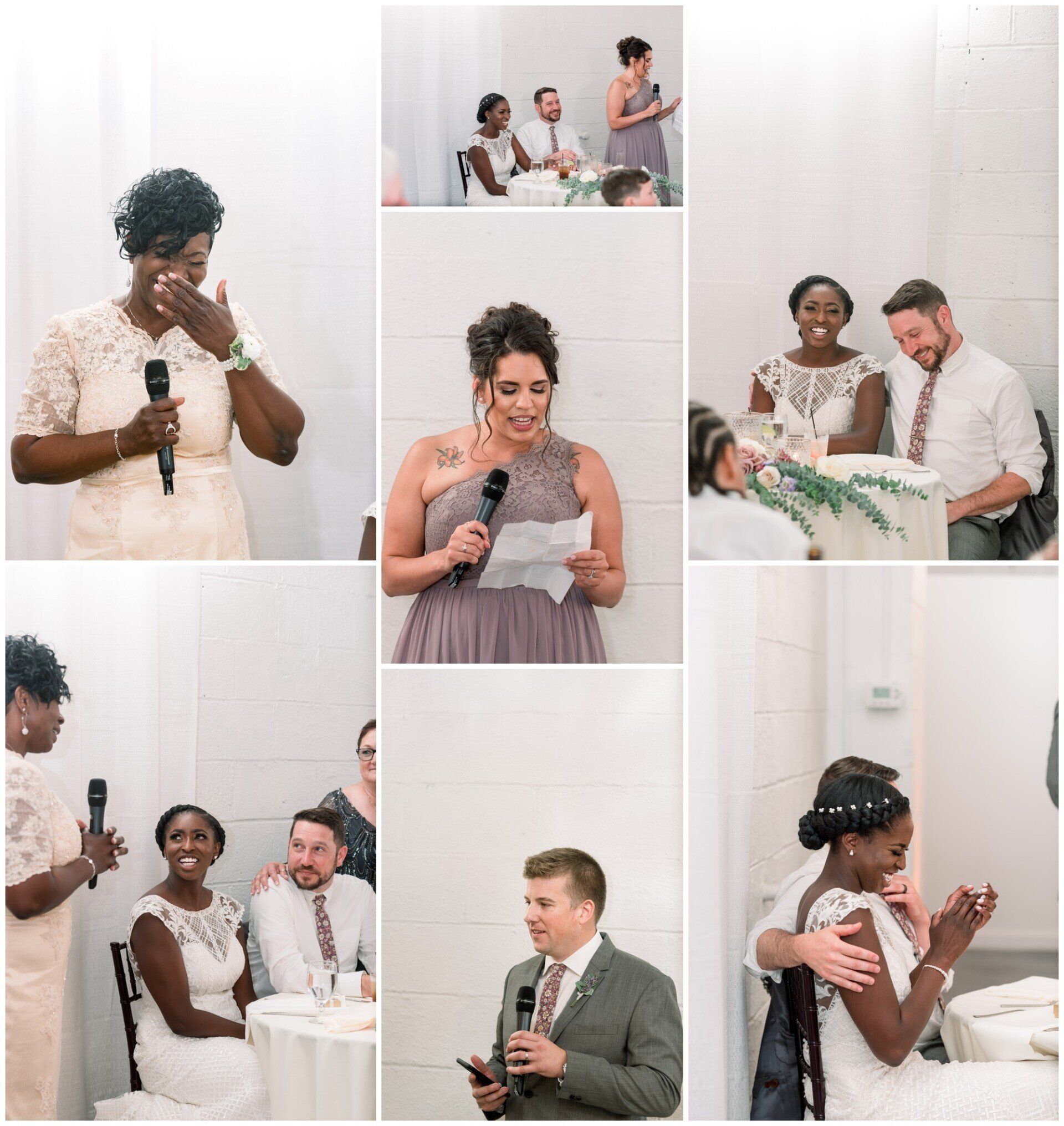 Wedding toast collage with bride, groom, and guests at a reception table