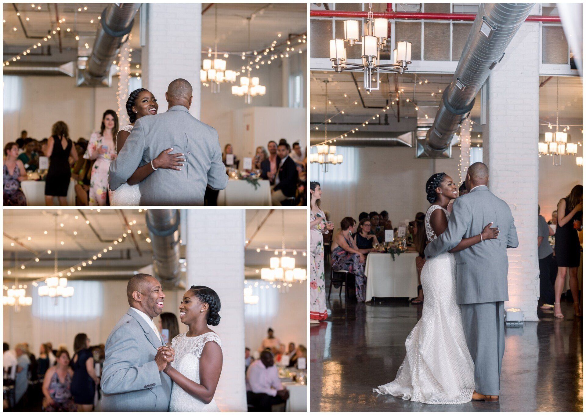 Wedding couple dancing in a bright reception hall, with guests and chandeliers in the background