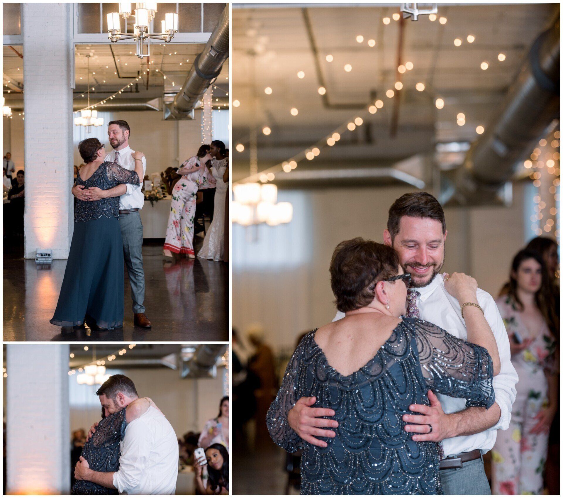 Couple slow dancing at a wedding reception under warm string lights, with a collage of candid moments.
