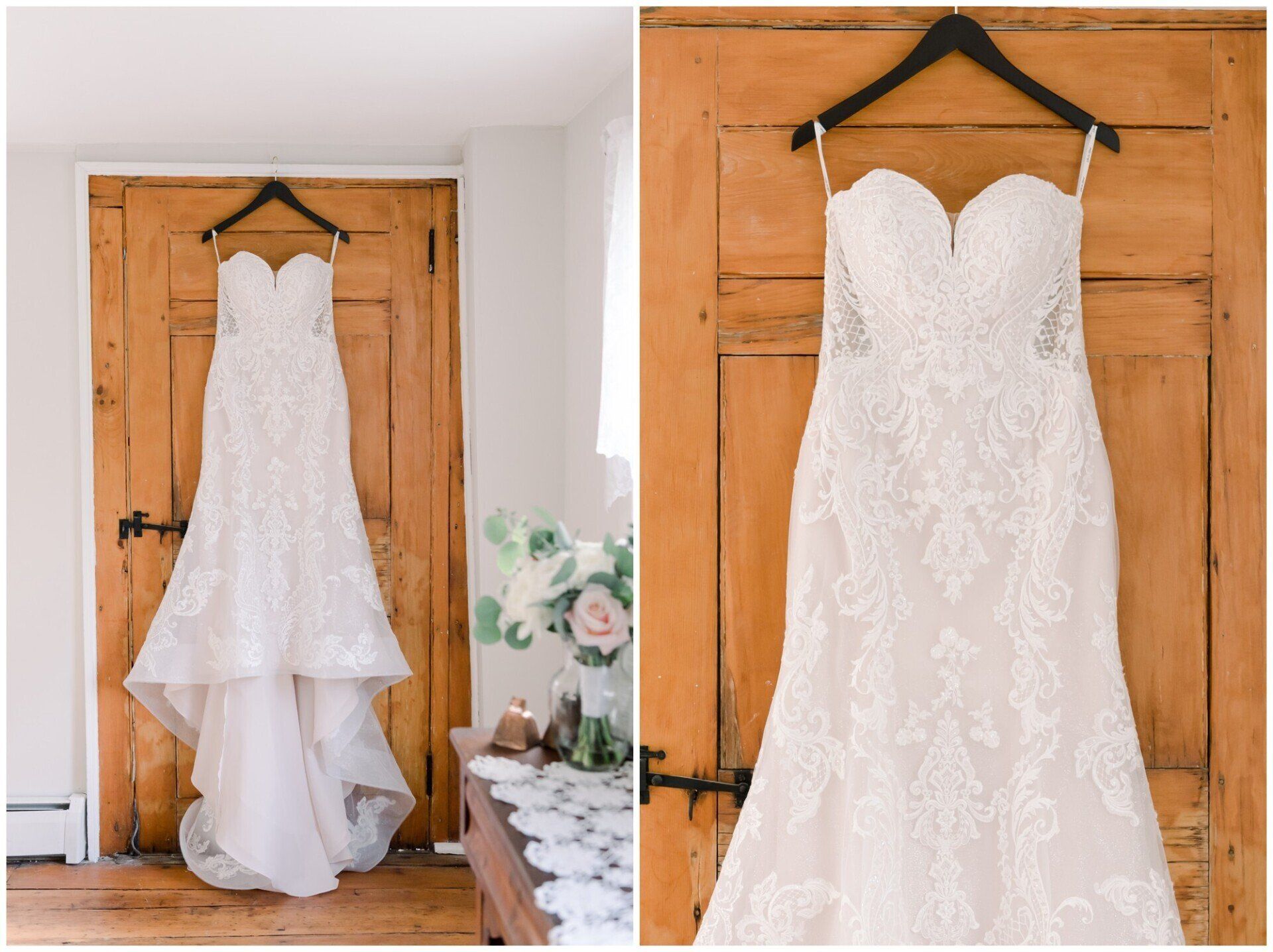 White lace wedding dress hanging on a wooden door, shown in full and close-up views