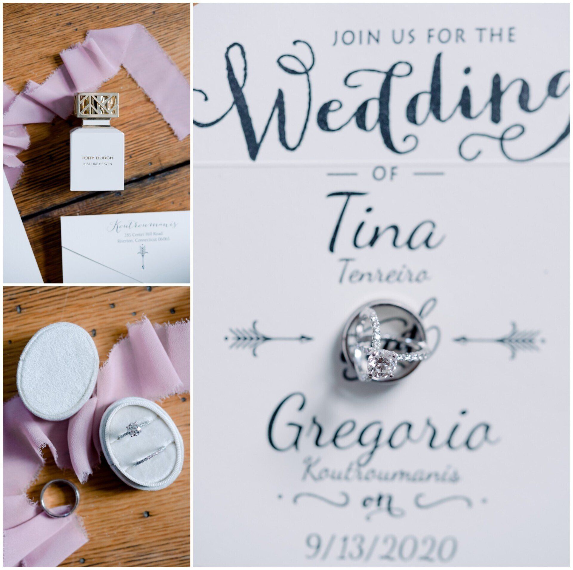 Wedding invitation suite with lavender accents and silver rings; invitation for Tina and Gregorio, dated 9/13/2020