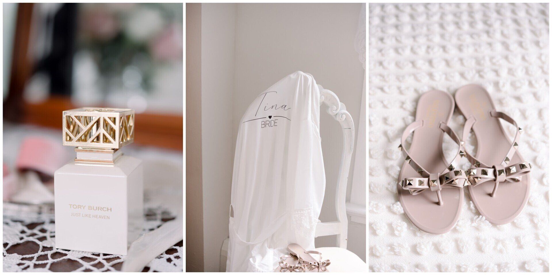 Bridal accessories: perfume bottle, white lace robe, and embellished sandals on a soft pink background