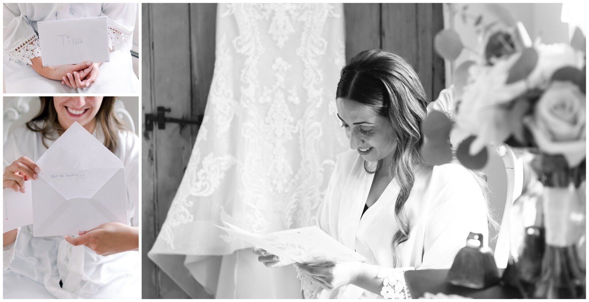 Bride reading a letter by a lace curtain, with wedding bouquet and gift boxes nearby
