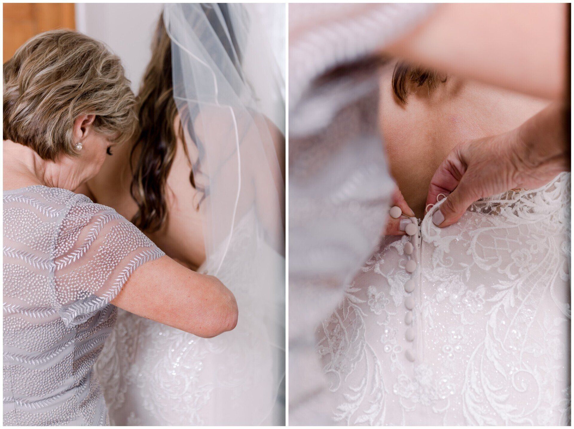 Woman in lace wedding dress embraces another person in a soft bridal close-up.