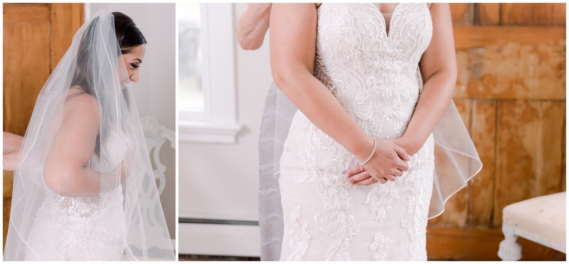Bride in a white lace wedding dress and veil, standing with hands clasped in a bright room