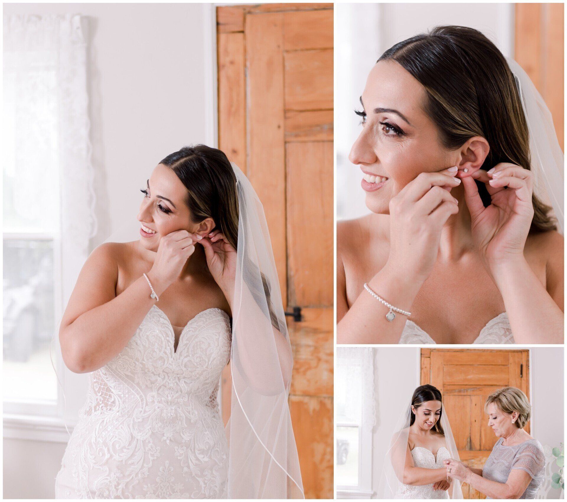 Bride putting on earrings in a bright bridal suite, with close-up details and a helper adjusting her dress