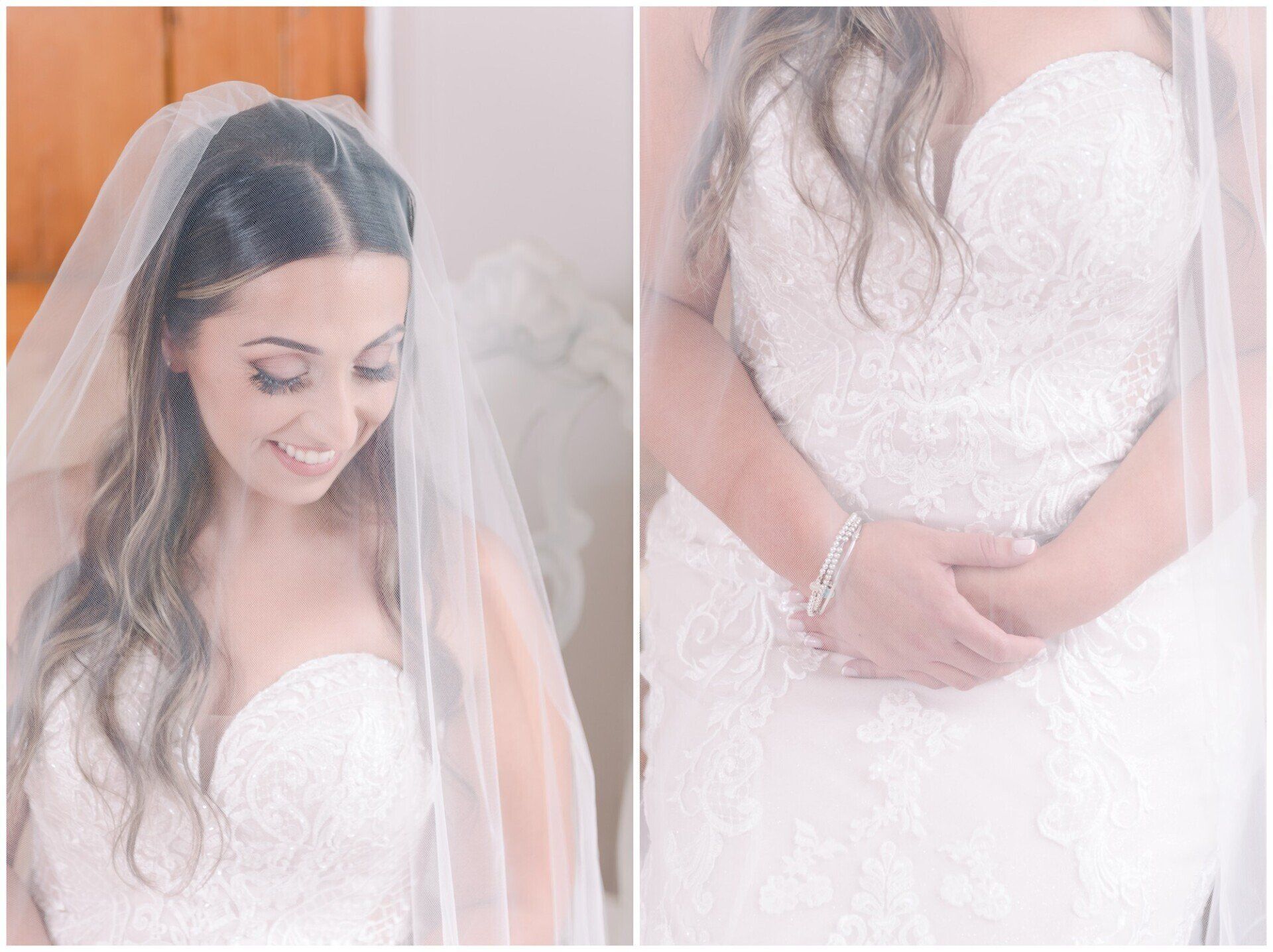Bride in a white strapless gown with veil, smiling and holding her bouquet close to her waist