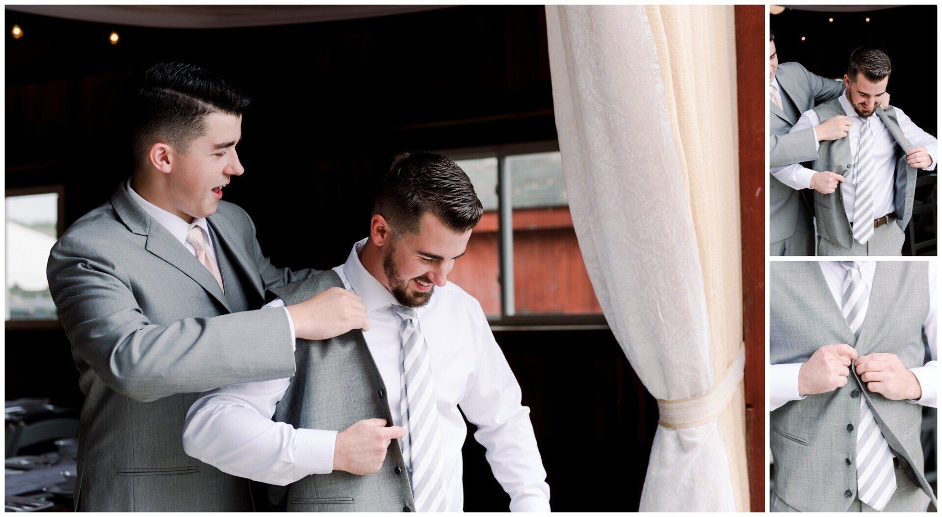 Two men adjusting a white dress shirt near a window, with close-up details of the shirt buttons and cuffs.