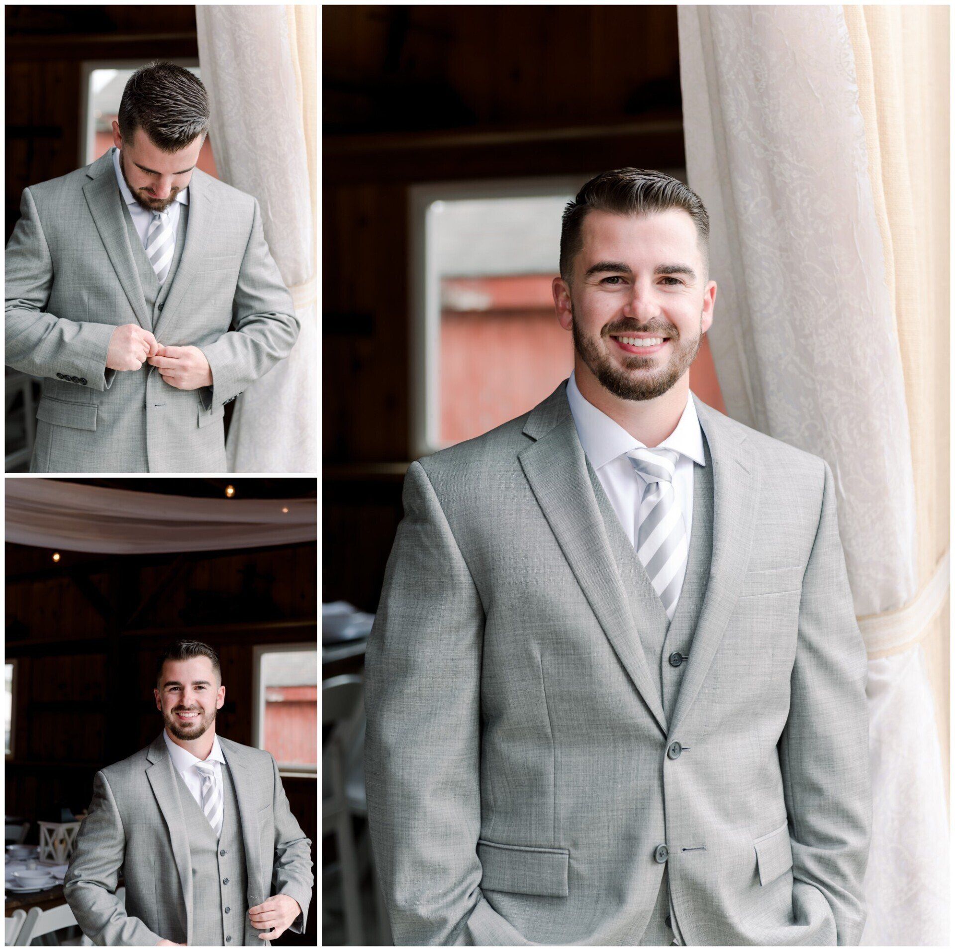 Man in light gray suit adjusting his jacket by a window, with two smaller portraits beside him.