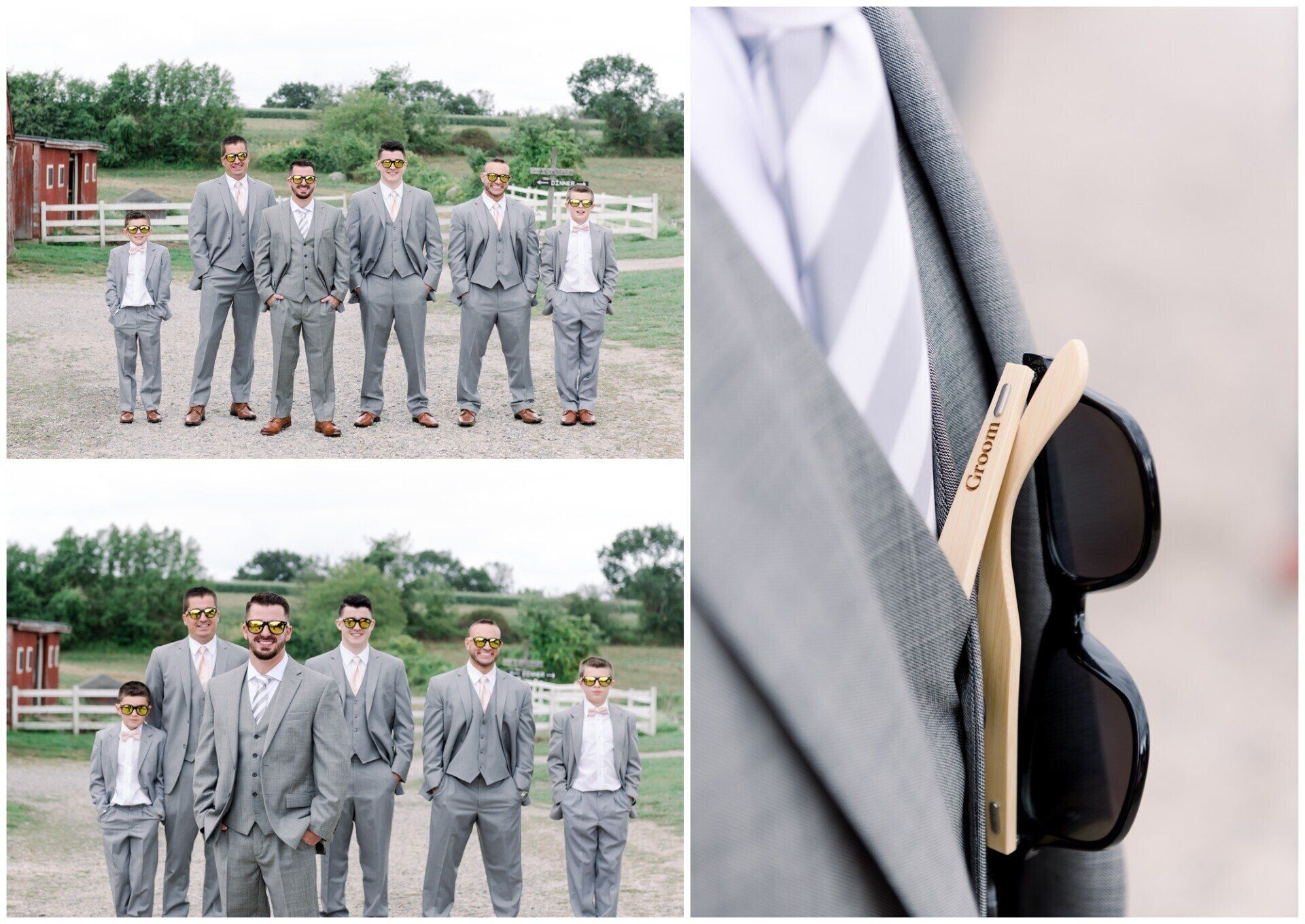 Three men in gray suits pose outdoors; close-up of a suit pocket with sunglasses and a pocket square.