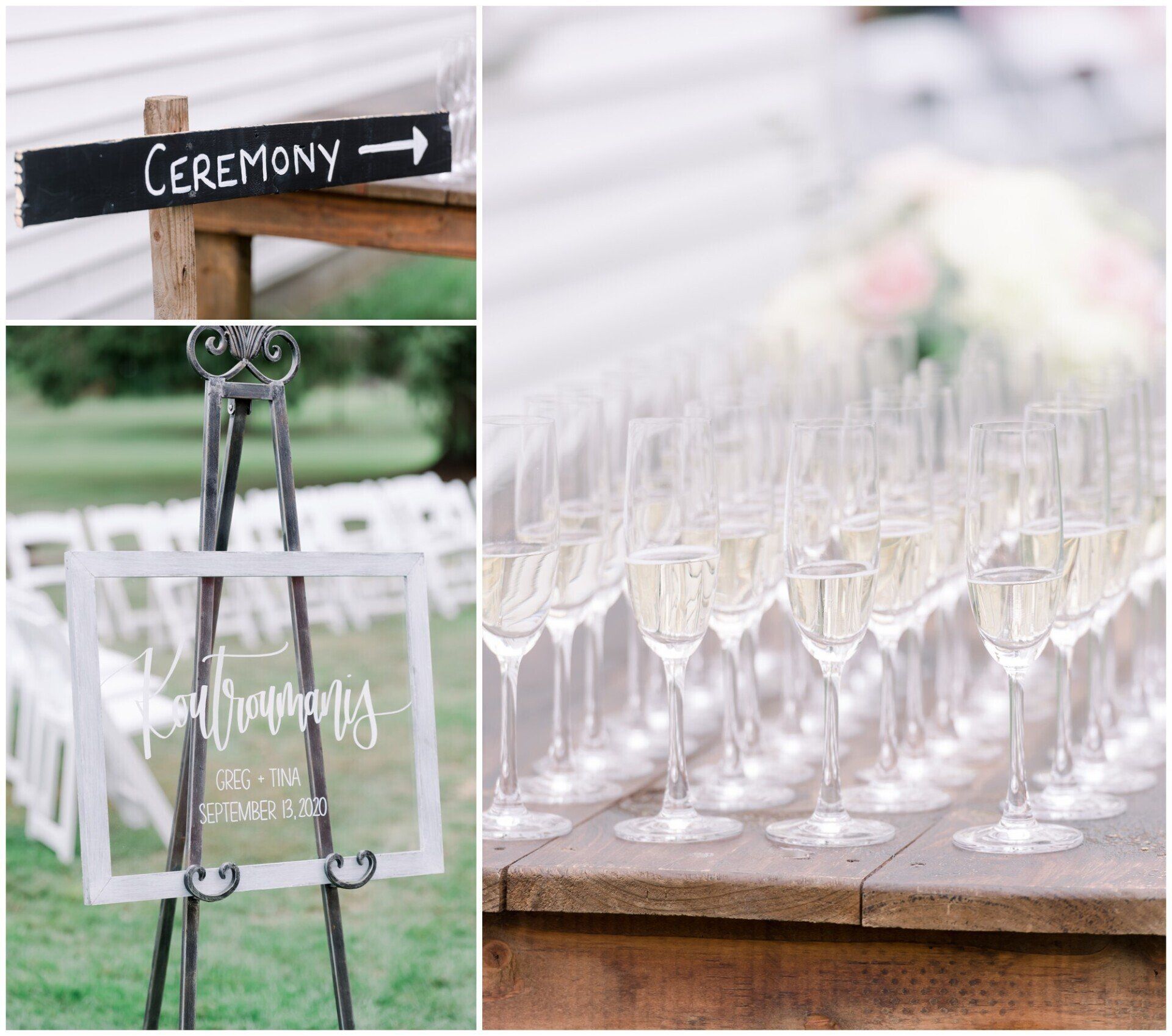 Outdoor wedding ceremony signs and rows of clear champagne flutes on a wooden table